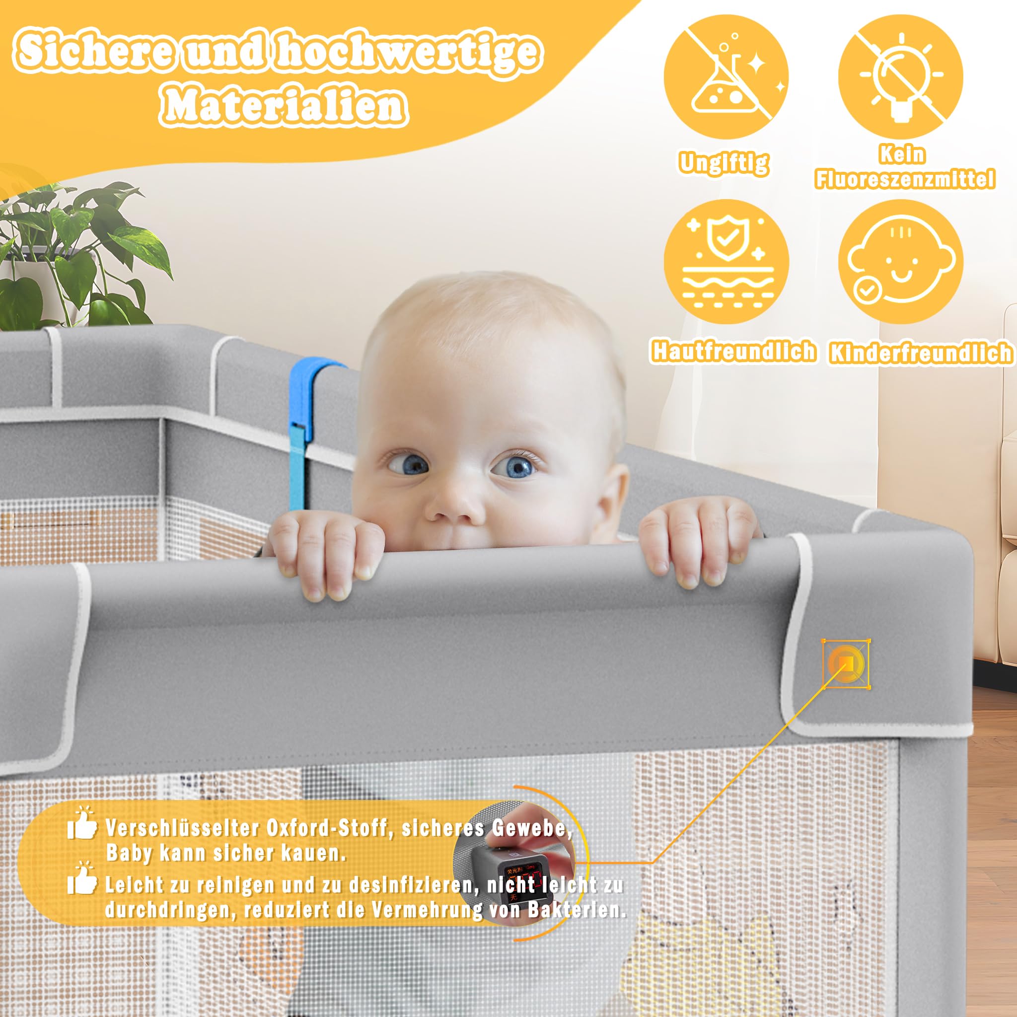 UISEBRT Laufstall Baby 127x127cmLaufgitter für Baby mit 50 Ocean Bällen & 4 Zugringen & Tragetasche, Faltbar Laufgitterzelt mit Atmungsaktivem Netz für Kinder, Grau mit Astronautenmotiven