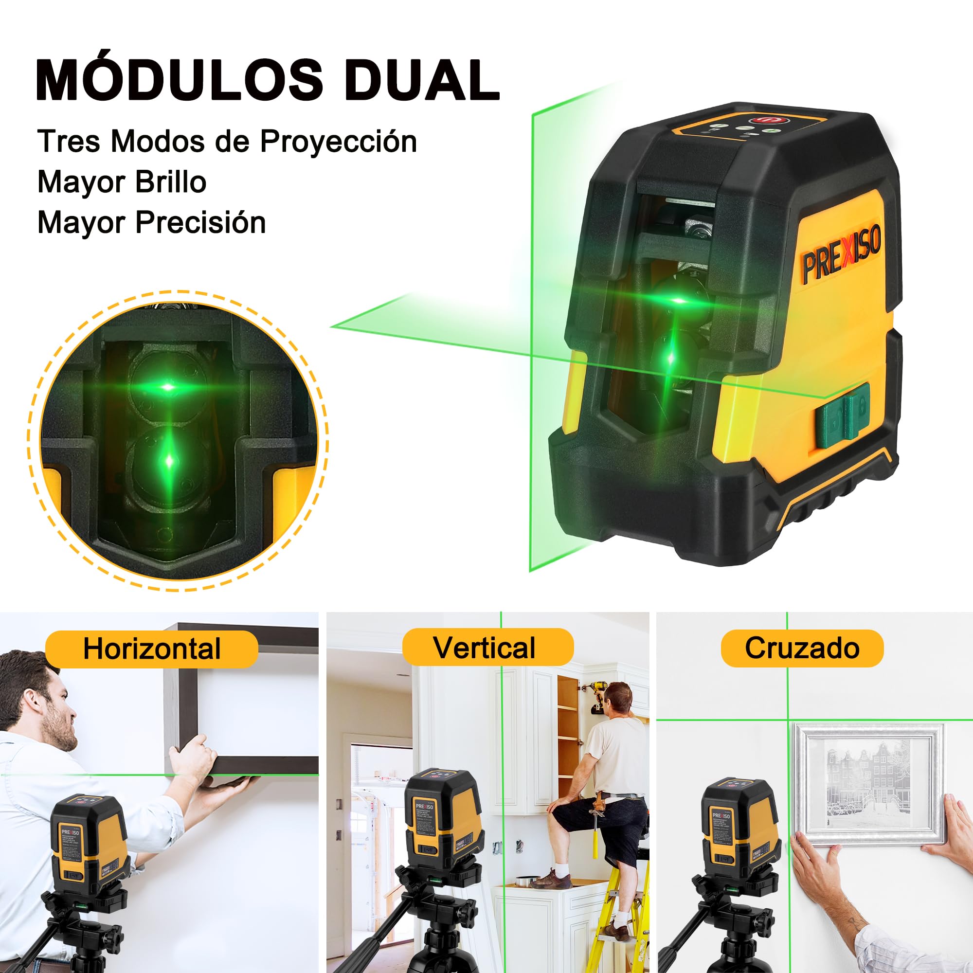 PREXISO Nivel Láser Recargable Con Trípode - Línea Vertical/Horizontal, Láser Verde Con 3 Modos, Soporte Magnético