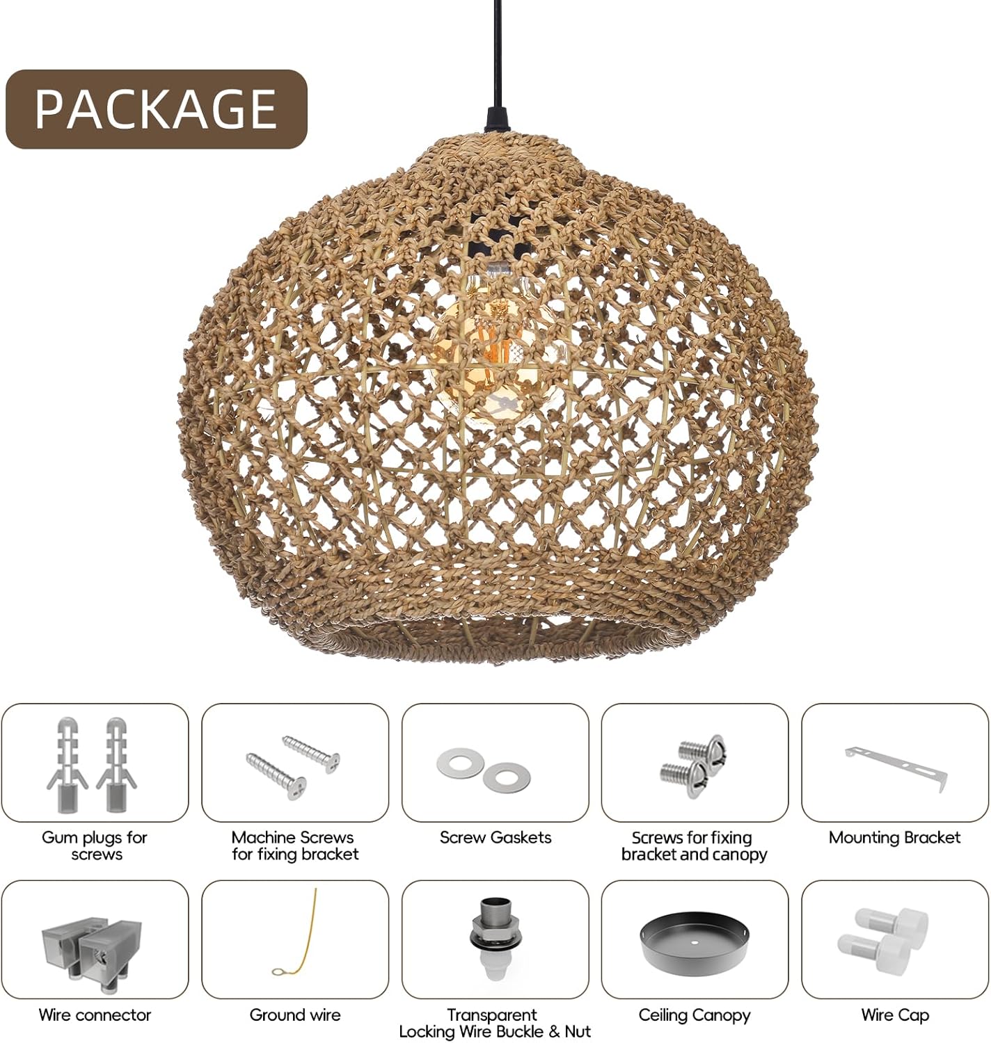Boho Chandelier, Farmhouse Ceiling Hanging Lamp Shade, Natural Rattan Weaving Light Fixture, Rustic Round Pendant Lighting for Kitchen Dining Room Restaurant Bar, 13.78" W x 11.02" H