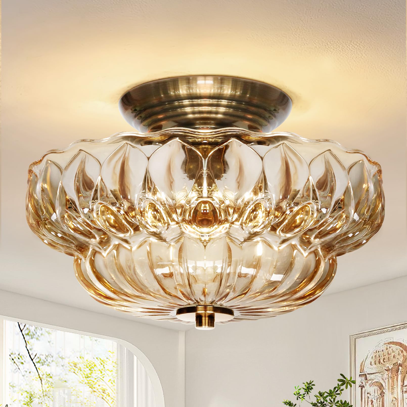 Photo 1 of 11" 3-Bulb Bright Semi Flush Mount Ceiling Light,Vintage Gold Hallway Light