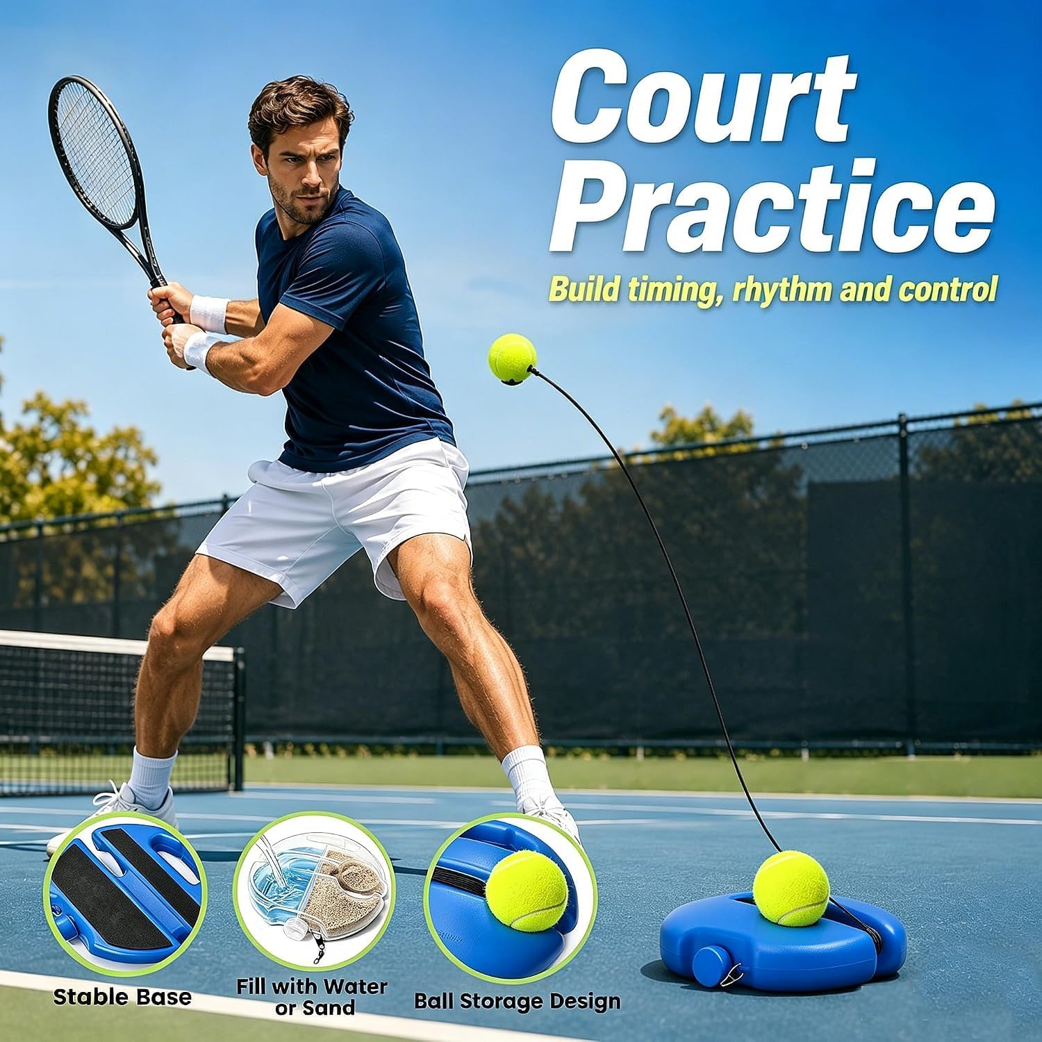 Drzewo Tennis Trainer with 3 String Ball,6m Elastic Rope for Adults Solo | Tennis Practice Rebounder With Tennis Grip,Ortable Mesh Bag For Self Tennis Practice Training Tool For Adults,Beginners