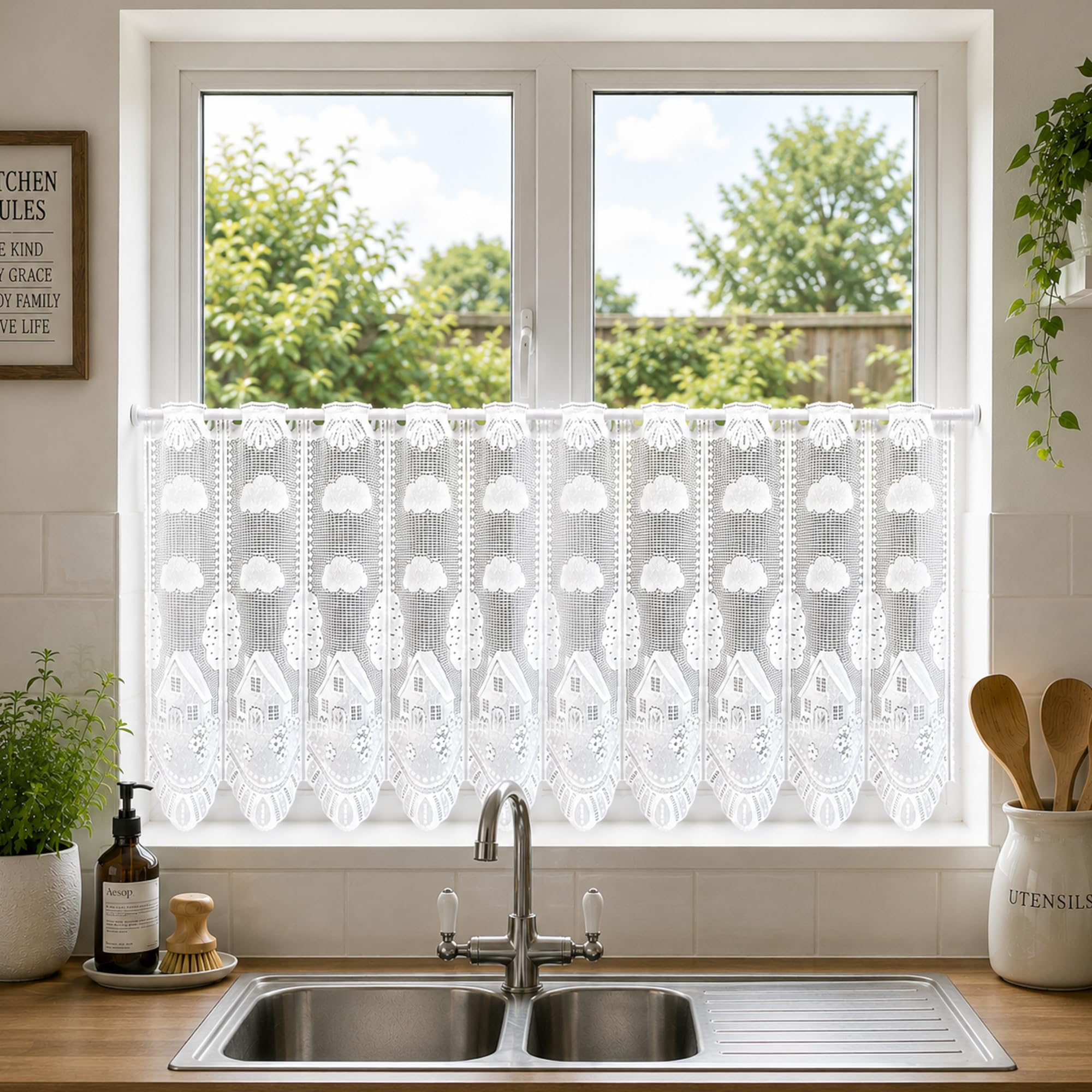 1 Metre Wide x 18" (45cm) Drop - Cotswold White Cottage & Farmhouse Scene Cafe Rod Pocket Net Curtain With Scalloped Hem - Traditional Countryside Privacy Net - Slot Top - Light Filtering