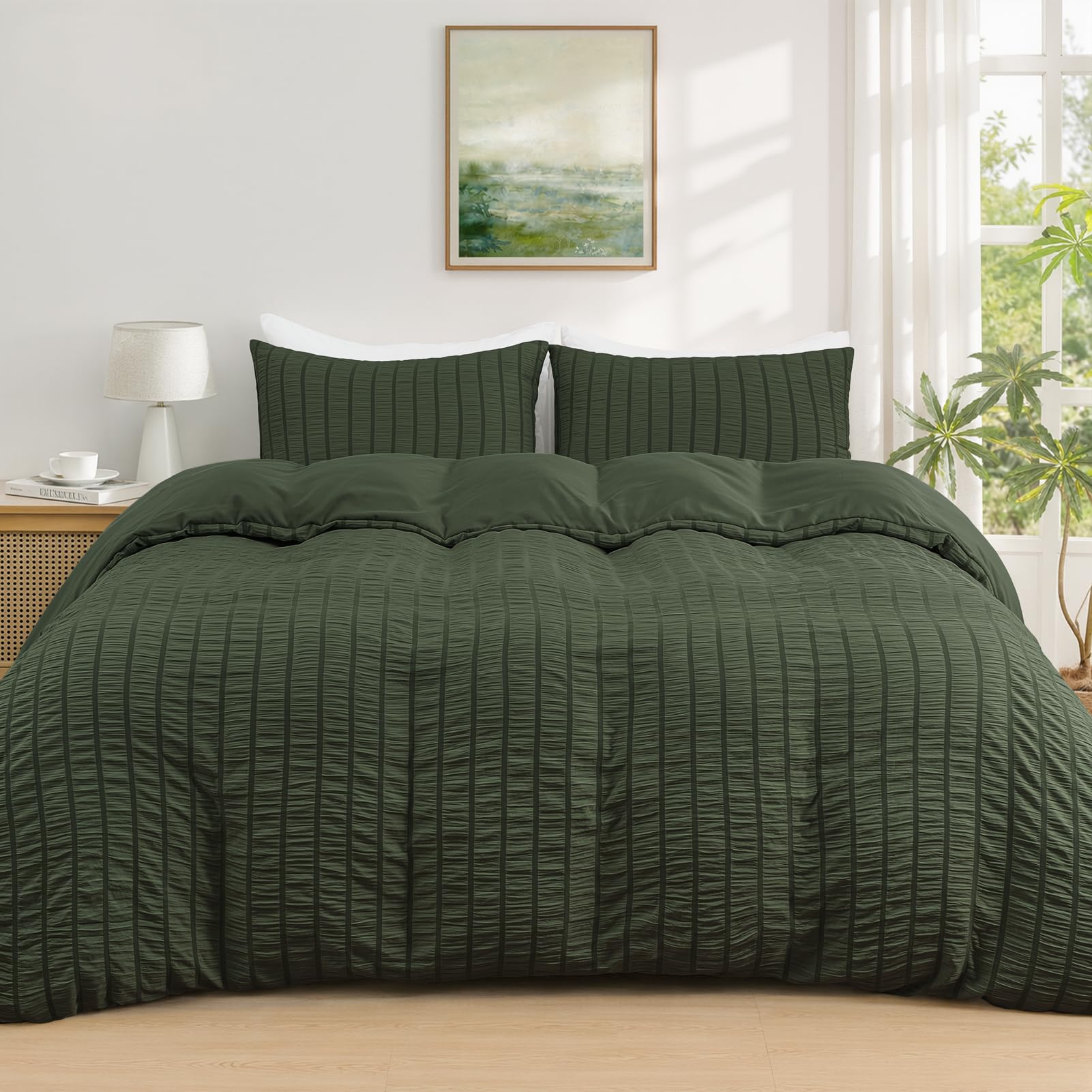 Duvetnova Olive Green Seersucker Super King Size Duvet Cover Sets OEKO-TEX Soft Breathable Microfiber Bedding Set with Zipper Closure All Season 260x220cm with 2 Pillow Cases