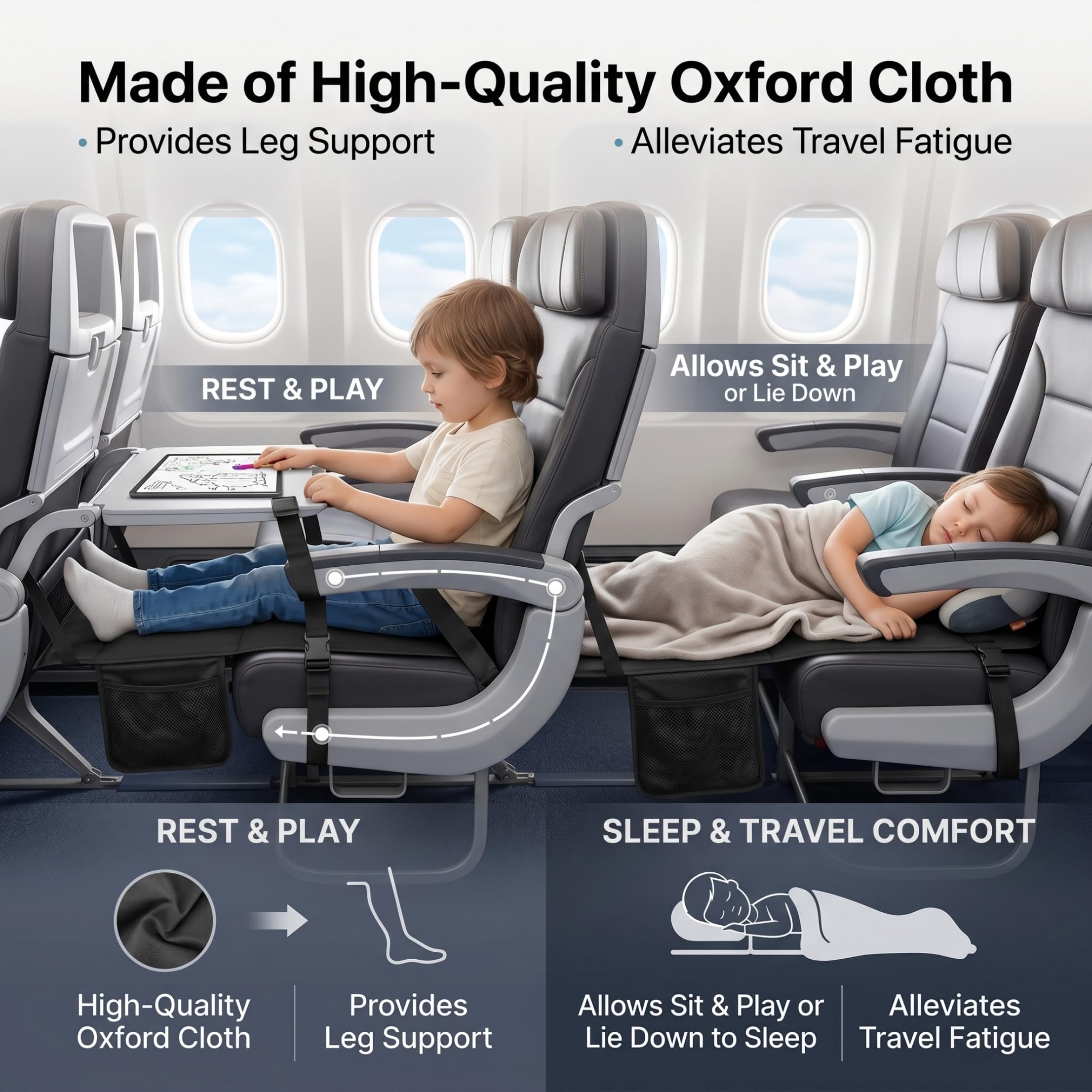Estensione del sedile per aereo per bambini, amaca portatile per piedi - Riposo da viaggio per bambini in tessuto Oxford nero per voli lunghi, dormire e giocare;1