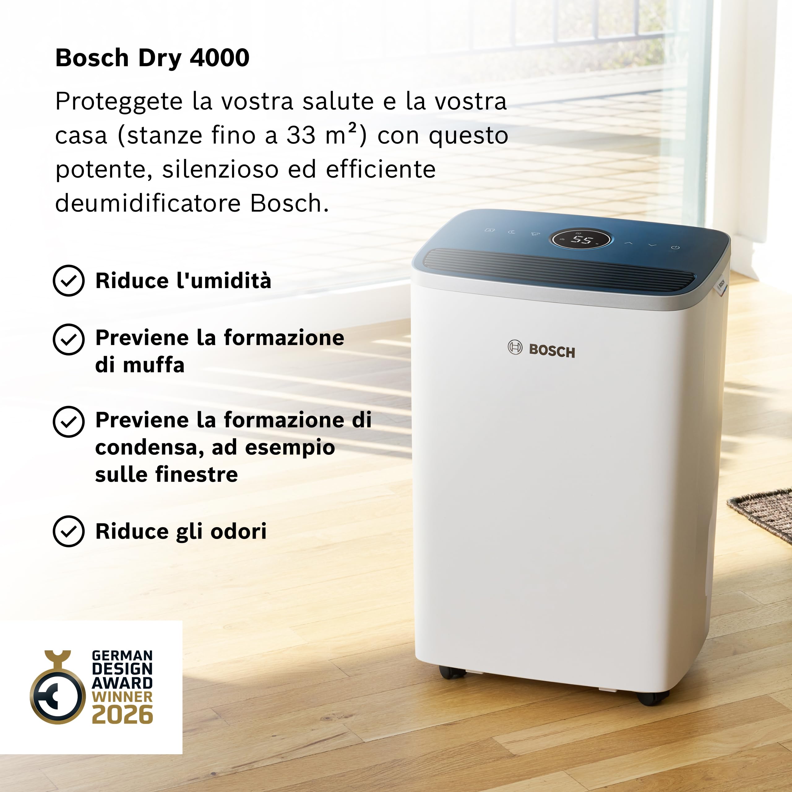 Bosch Dry 4000 - Deumidificatore - Facile. Efficiente. Tranquillo. Per la tua casa e la tua camera da letto - Per Stanze fino a 33 m² - Asciugatura rapida per il tuo bucato