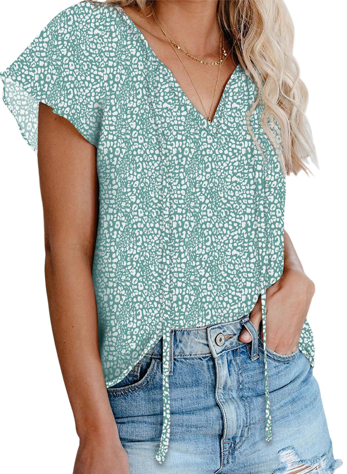 Dokotoo Women's Casual Boho Floral Printed V Neck Tops Drawstring Short Long Sleeve T Shirt Blouses