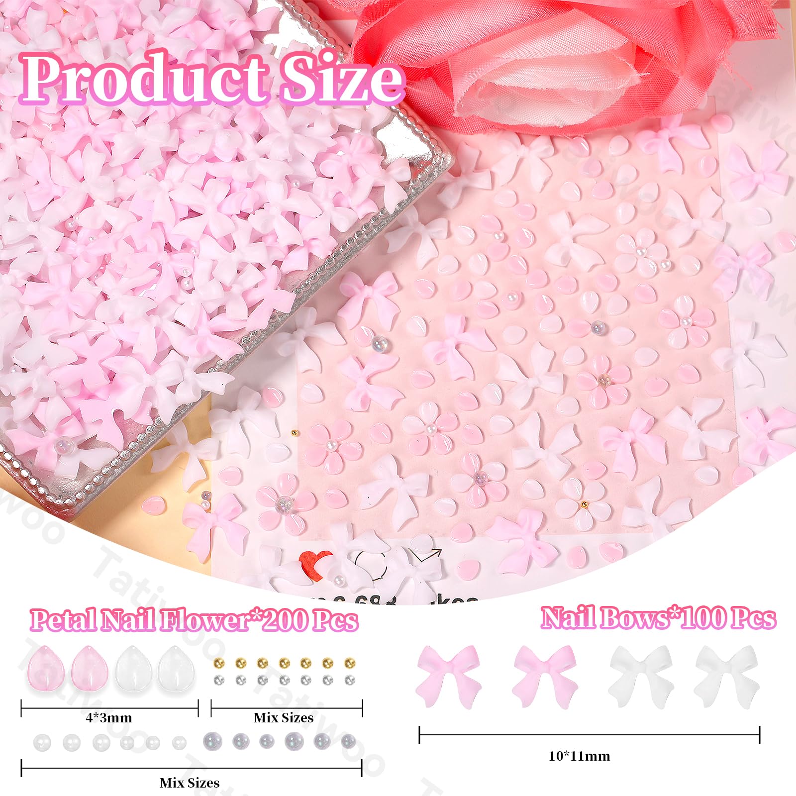 300 Pcs 3D Flower Nail Charms, Pink White Flowers for Nails Bows Bowknots Nail Charm and Gems, Petal Flower Bow Tie Charms for Acrylic Nails Art DIY Designs Accessories