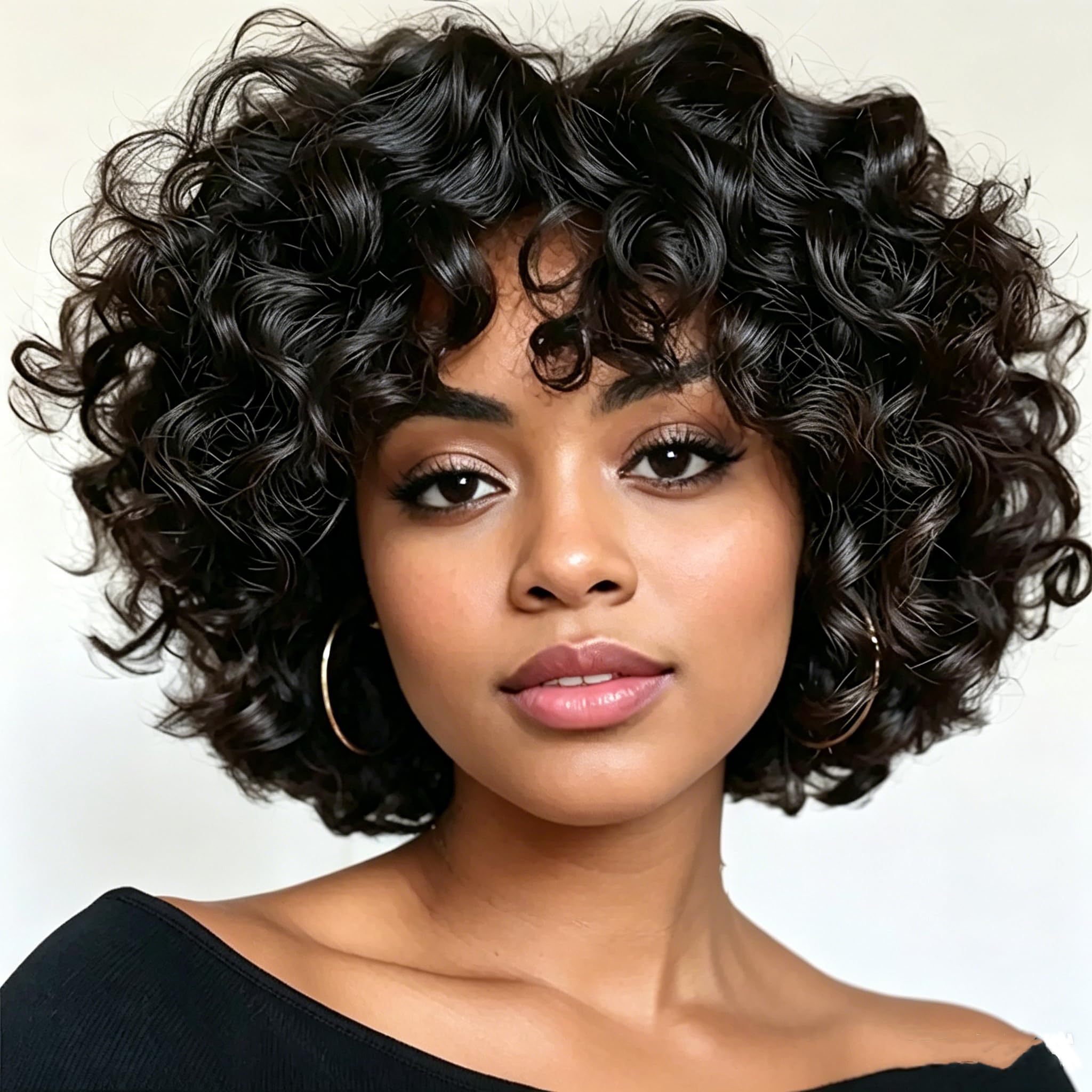 Short Layered Curly Human Hair Wig with Bangs Lightweight Full Density Glueless Amazon.com : REMESSE Short Curly Bob Wig Human Hair With  main image 2