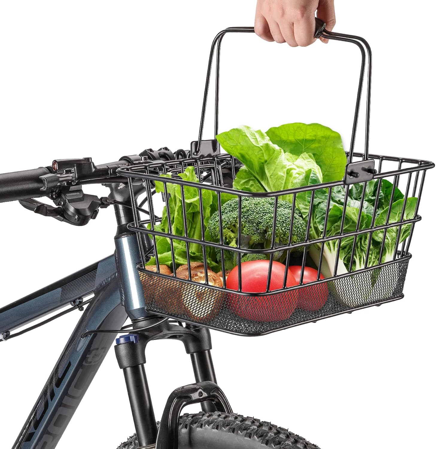 CXWXC Front Bike Basket with Handle– Detachable Bicycle Basket for Groceries, Commuting, Shopping – Heavy Duty Wire Basket with Mounting Kit for Beach Cruiser City Commuter