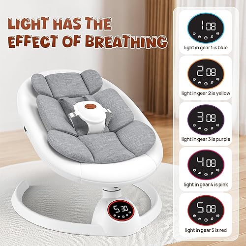 Miniatura 5 de Columpios para bebés y niños pequeños, columpio portátil para bebé con almohadilla extra, columpio eléctrico para bebés con 5 velocidades y música