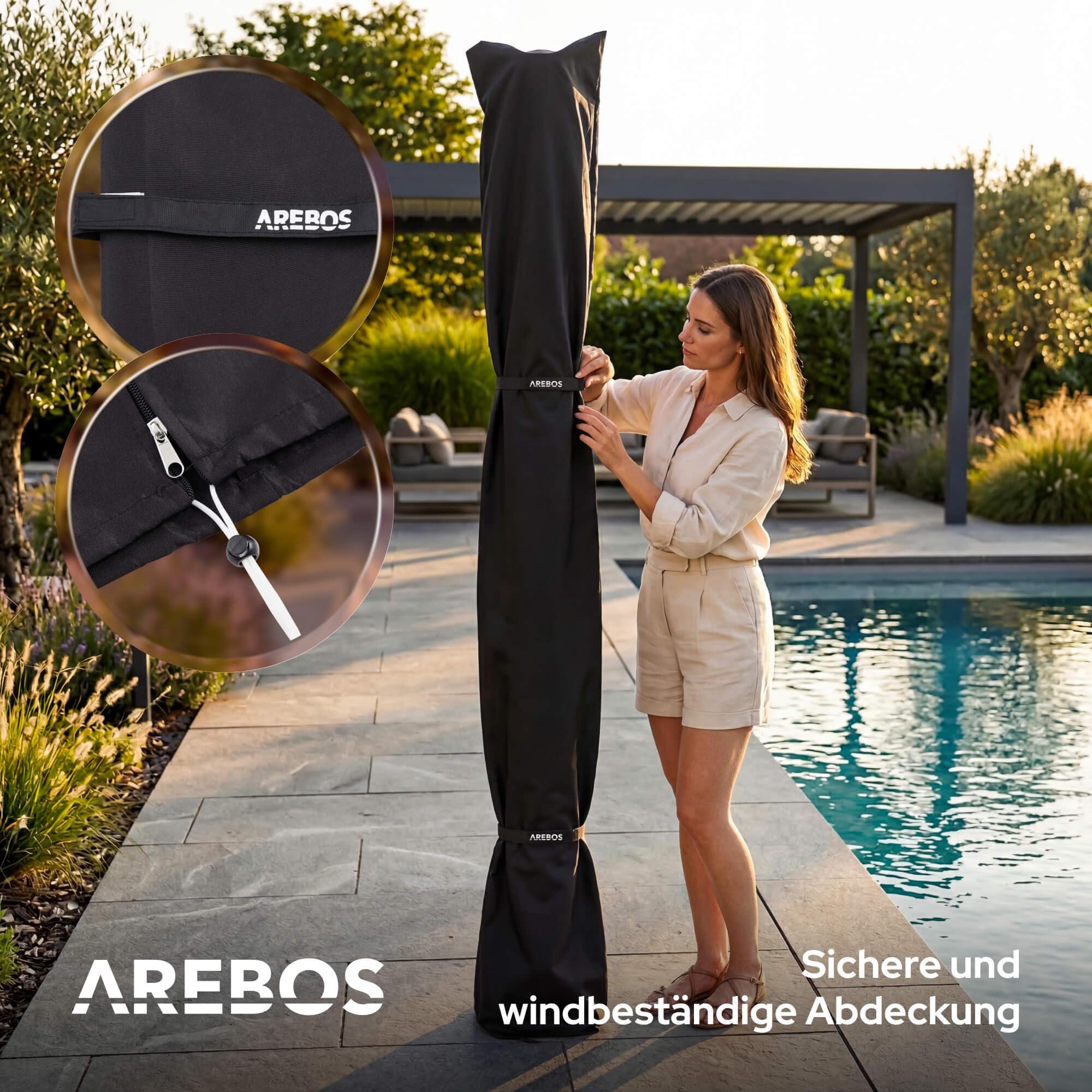 Arebos Solardusche 40 L Schwarz | Pooldusche & Gartendusche mit Thermometer | Regendusche mit Handbrause, Fußdusche & 360° Duschkopf | inkl. Abdeckhaube