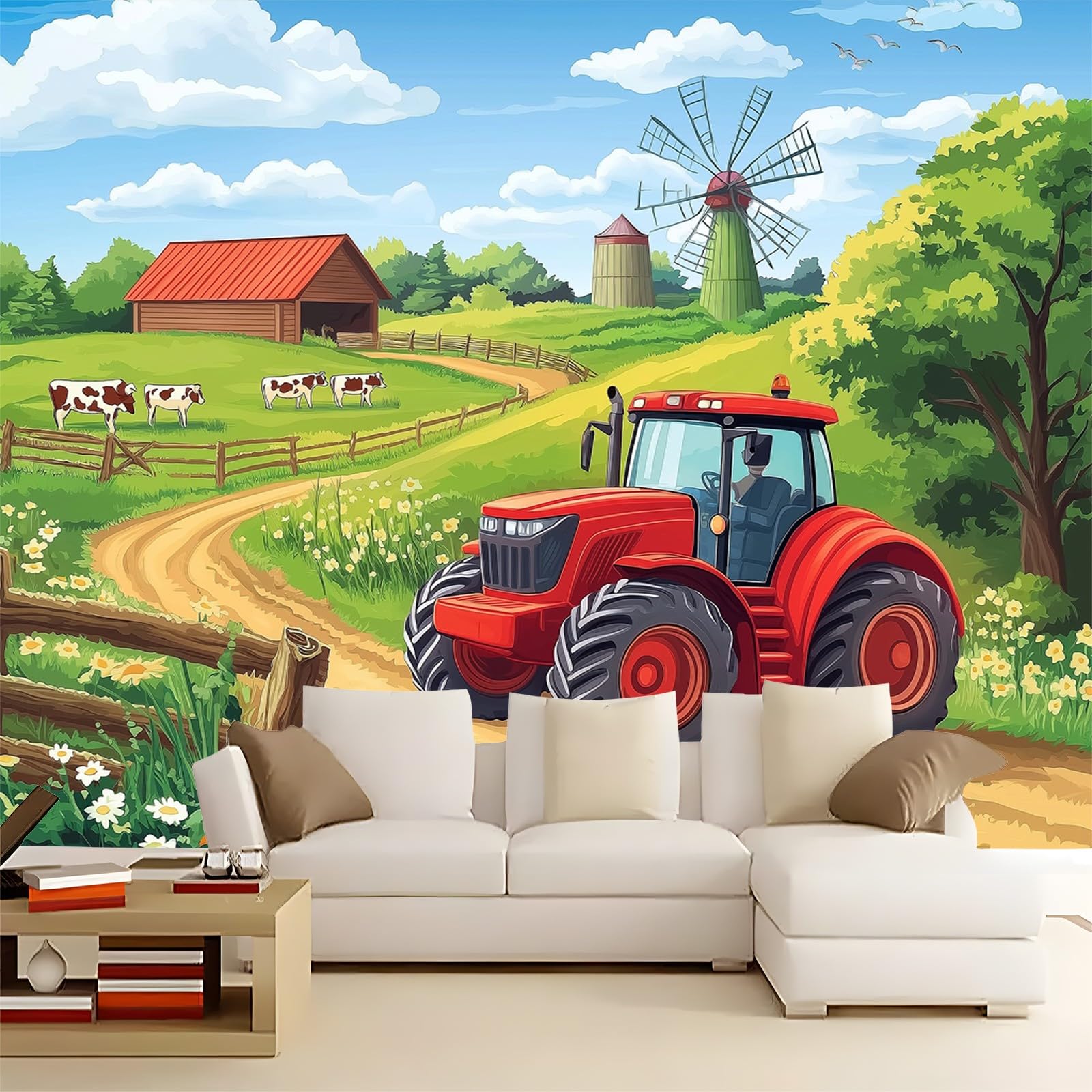 Papel pintado no tejido Tractor De Dibujos Animados Granja Revestimiento de paredes decoración salón dormitorio 350 x 256 cm Decoración de carteles gigantes Verde para salón Habitación infantil