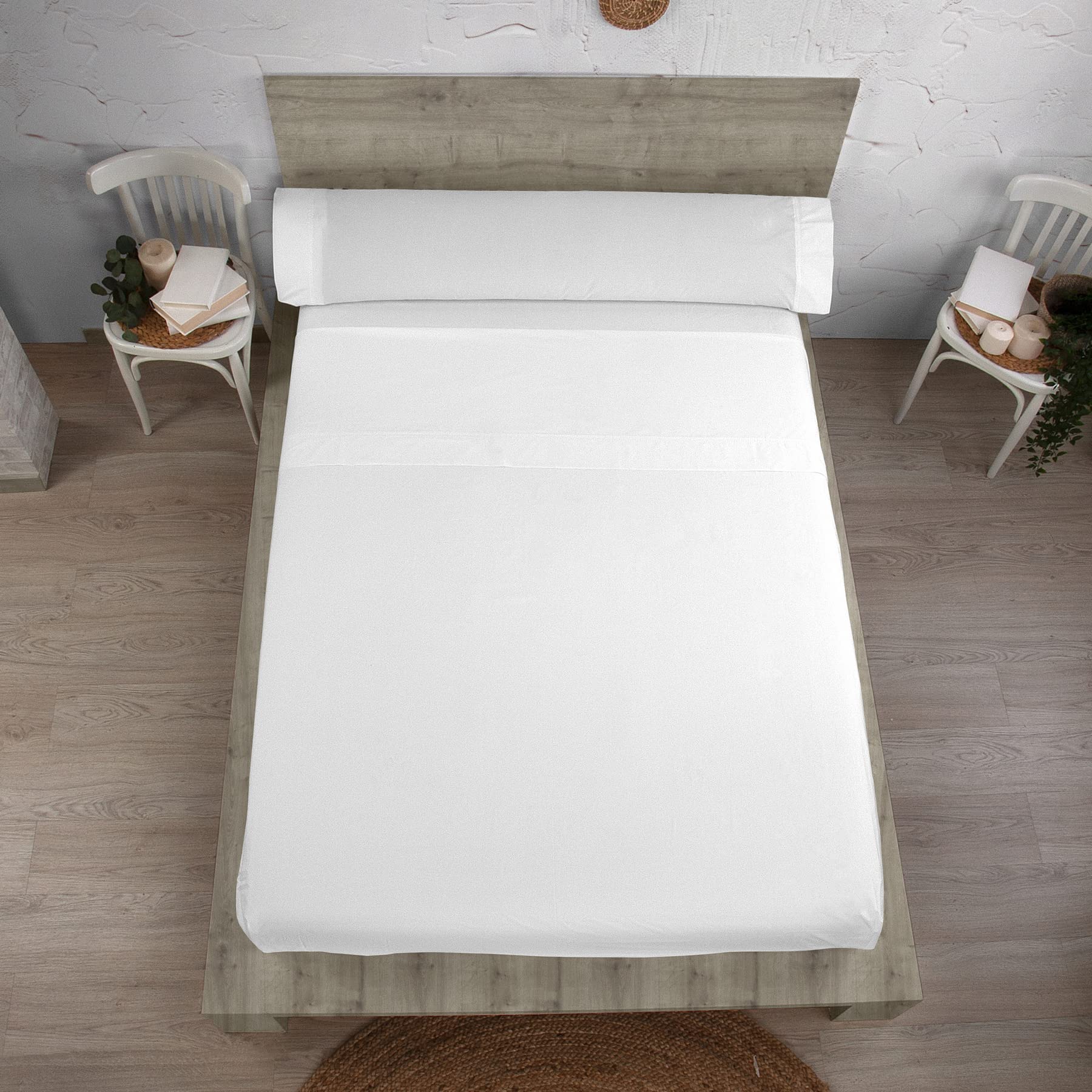 Juego de sábanas de algodón orgánico Color Blanco - Cama de 150 (3 Piezas) - Certificado Gots - Satén de 300 Hilos - Acabado en Doble Pespunte