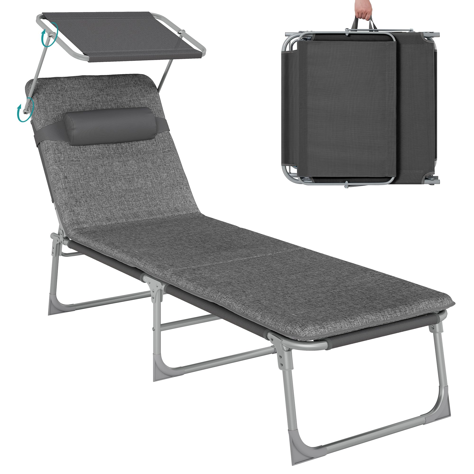 SONGMICS Sonnenliege, klappbarer Liegestuhl, 193 x 53 x 29 cm, trägt bis zu 150 kg, Kissen, Sonnenschutz, Kopfkissen, verstellbare Rückenlehne, für Garten, Pool, Terrasse, dunkelgrau GCB19UM
