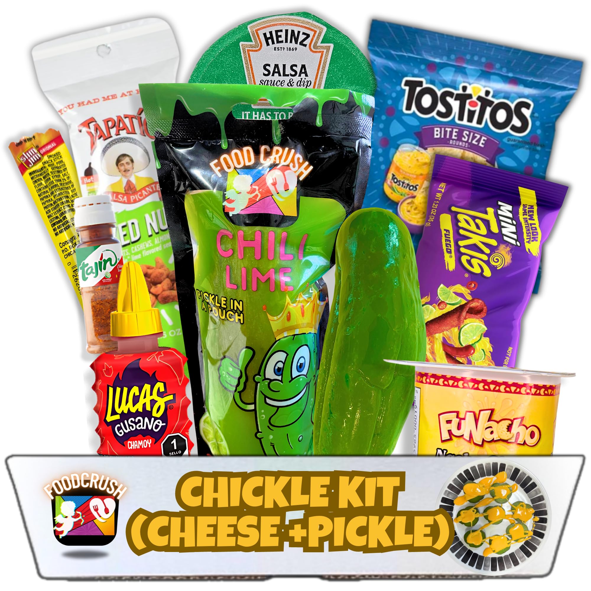 Chickle Kit-Food Crush Chili Lime Pickle In A Pouch With Cheese Sauce, Takis Chips, Tostitos, Tajin Seasoning, Lucas Gusano Chamoy Sauce, slim jim, Tapatio Mixed Nuts, Salsa Gift Box From Tiktok