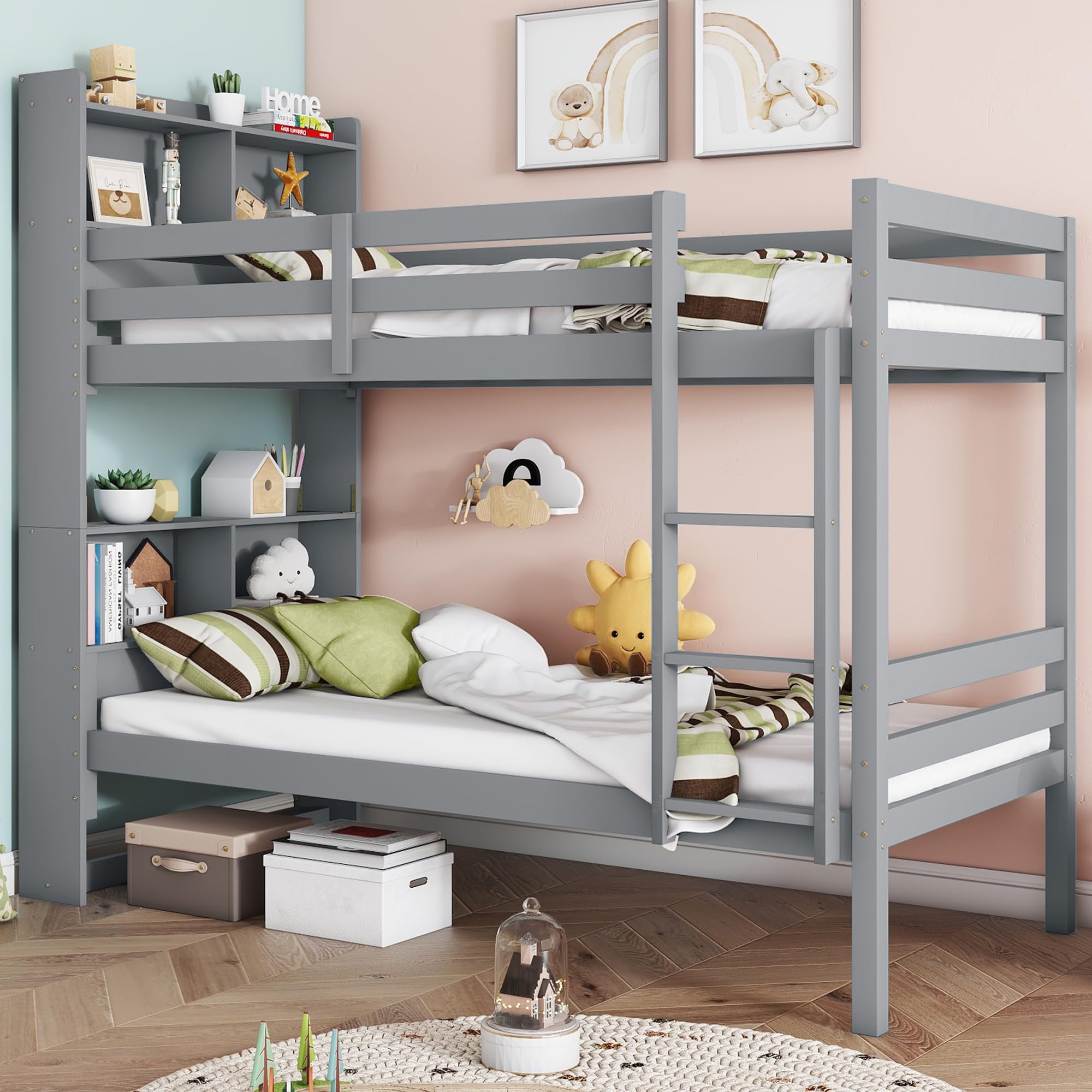 Twin Over Twin Bunk Bed with Storage Shelves, Convertible to 2 Platform Beds, Solid Wood Frame for Kids, Teens & Adults, Space-Saving Design for Small Bedrooms, Dorms & Guest Rooms (Grey)
