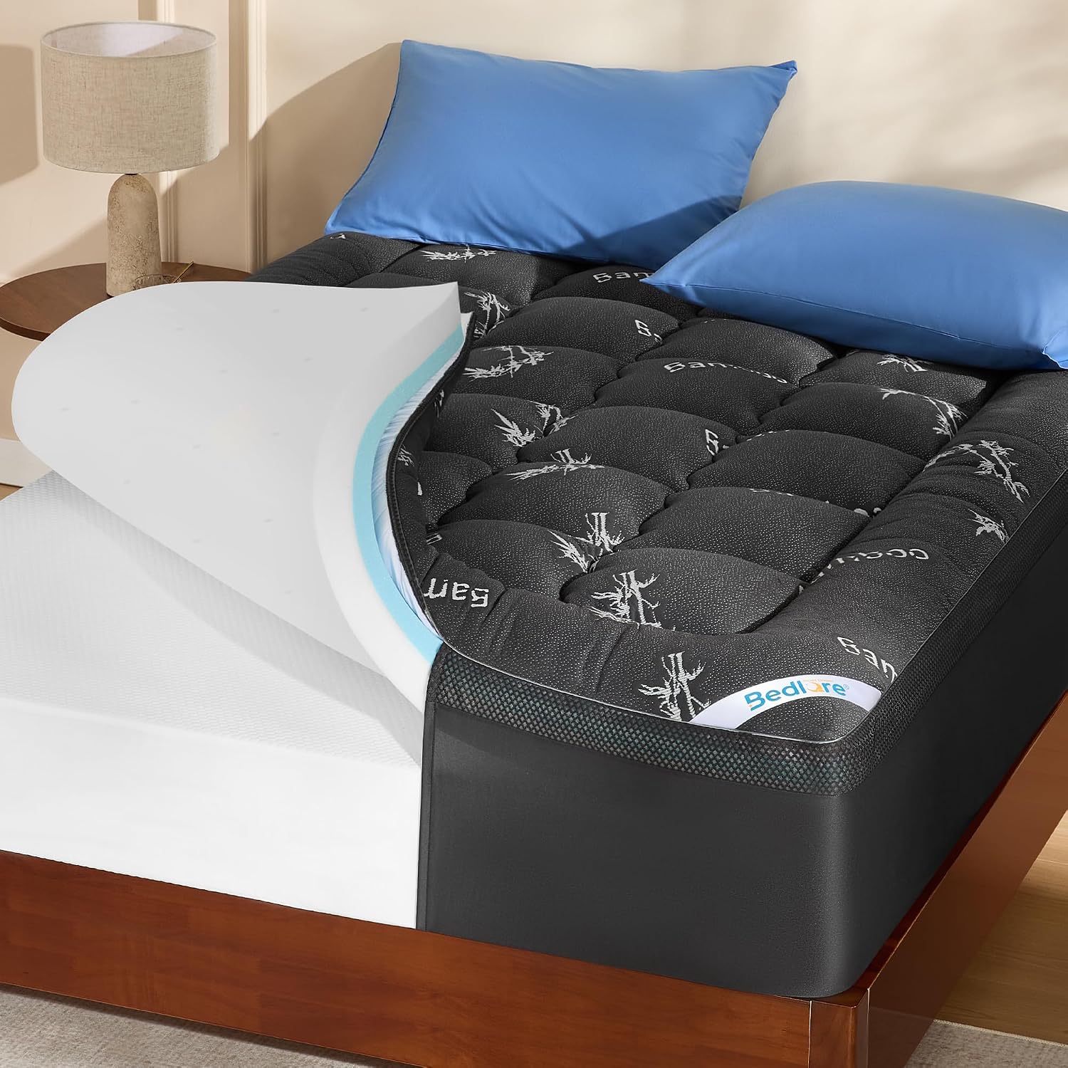 BEDLORE Dual Layer 4 Inch Memory Foam Mattress Topper King Size,Gray | 2 Inch Gel Memory Foam Plus 2 Inch Plush Pillow Top Bamboo viscose Mattress Pad Cover,Medium Support for Back Pain