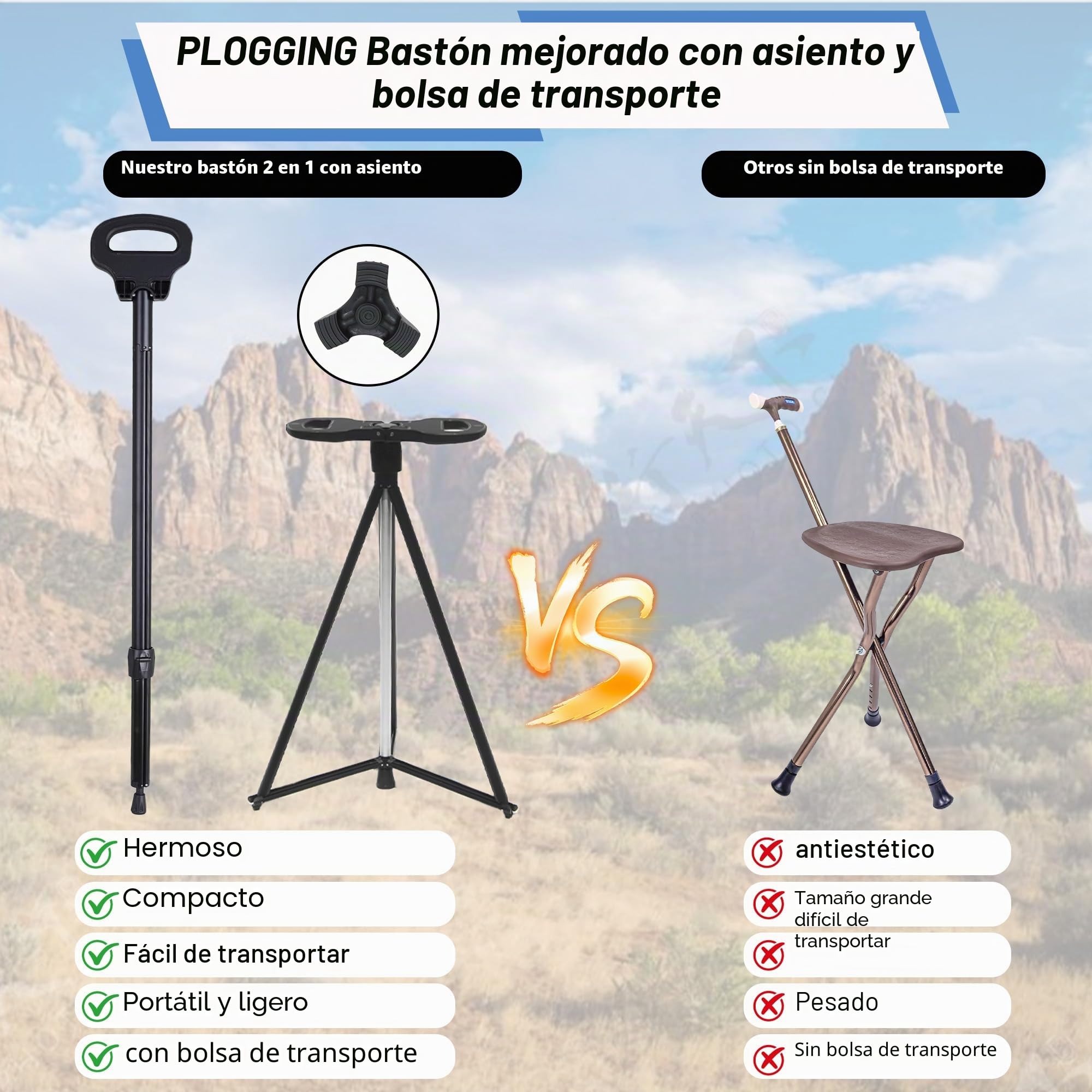 Silla de caña portátil Plegable, bastón Ligero con Asiento, bastón de Asiento trípode Resistente para Hombres y Mujeres con Bolsa de Viaje, bastón de Caminar con Asiento para Ancianos, Adultos