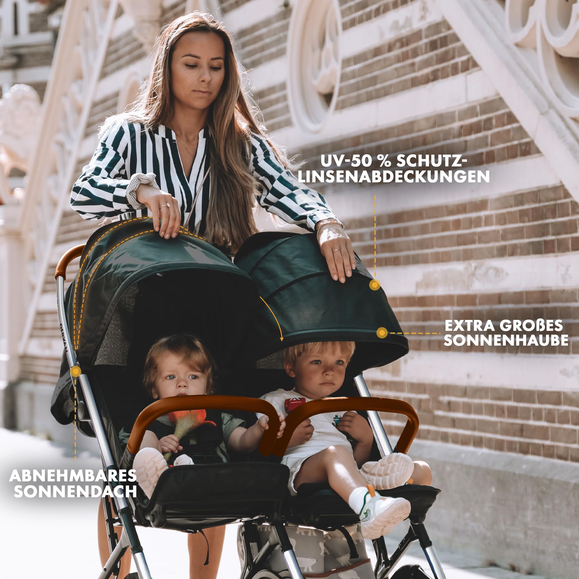 Deryan Rolo X2 Kinderwagen Buggy 2 in 1 - Buggy klein zusammenklappbar - Geburt bis 4 Jahre - Baby Wagen pro Sitz belastbar bis 22kg - Kinderbuggy klappbar - KOMPAKT & FALTBAR - Grau