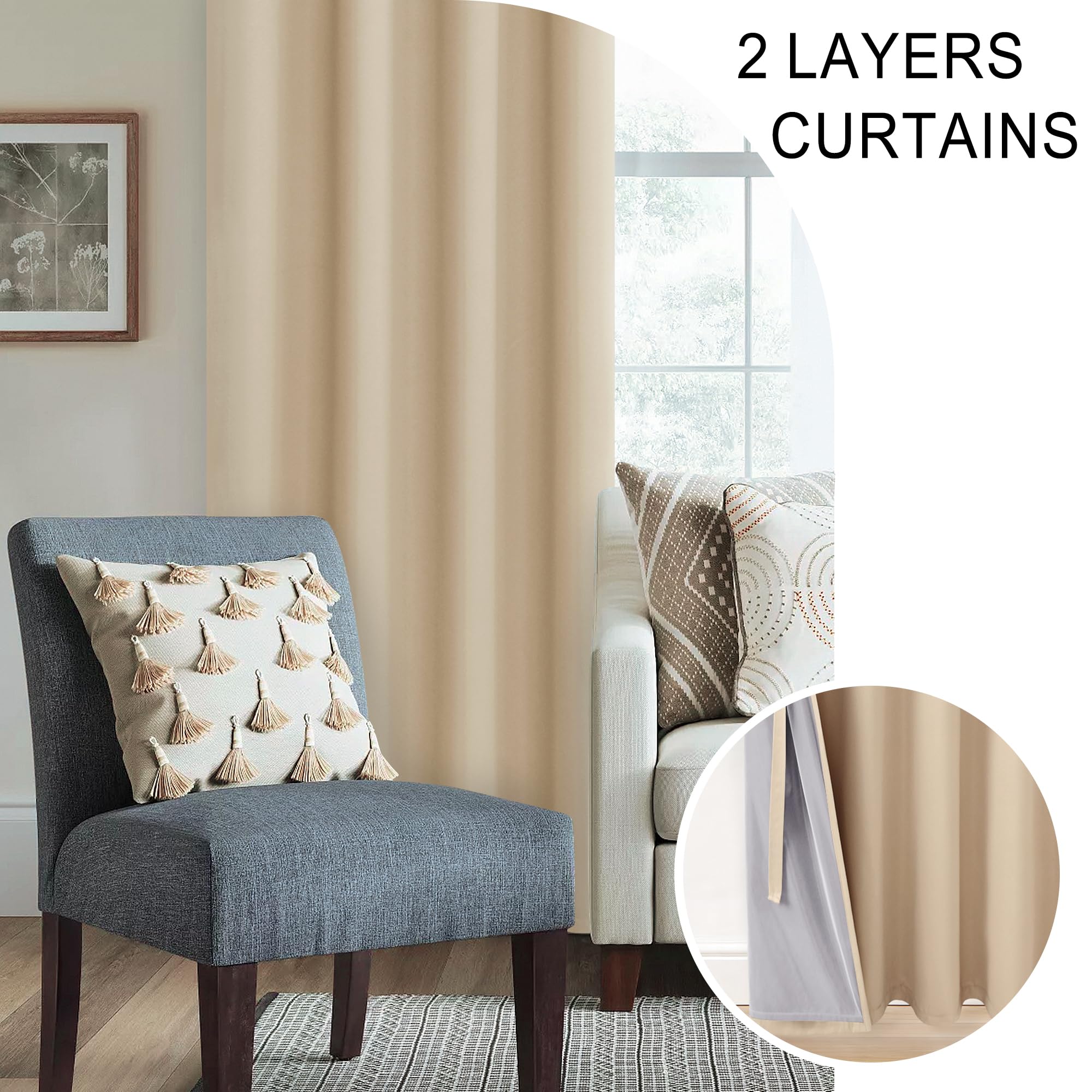 XWZO Lot de 2 Rideaux 100% occultants – Rideaux à Isolation Thermique avec Doublure Noire, antibruit et bloquant la Chaleur – pour fenêtre de Chambre à Coucher et de Studio – Beige Biscotti – 177,8 x