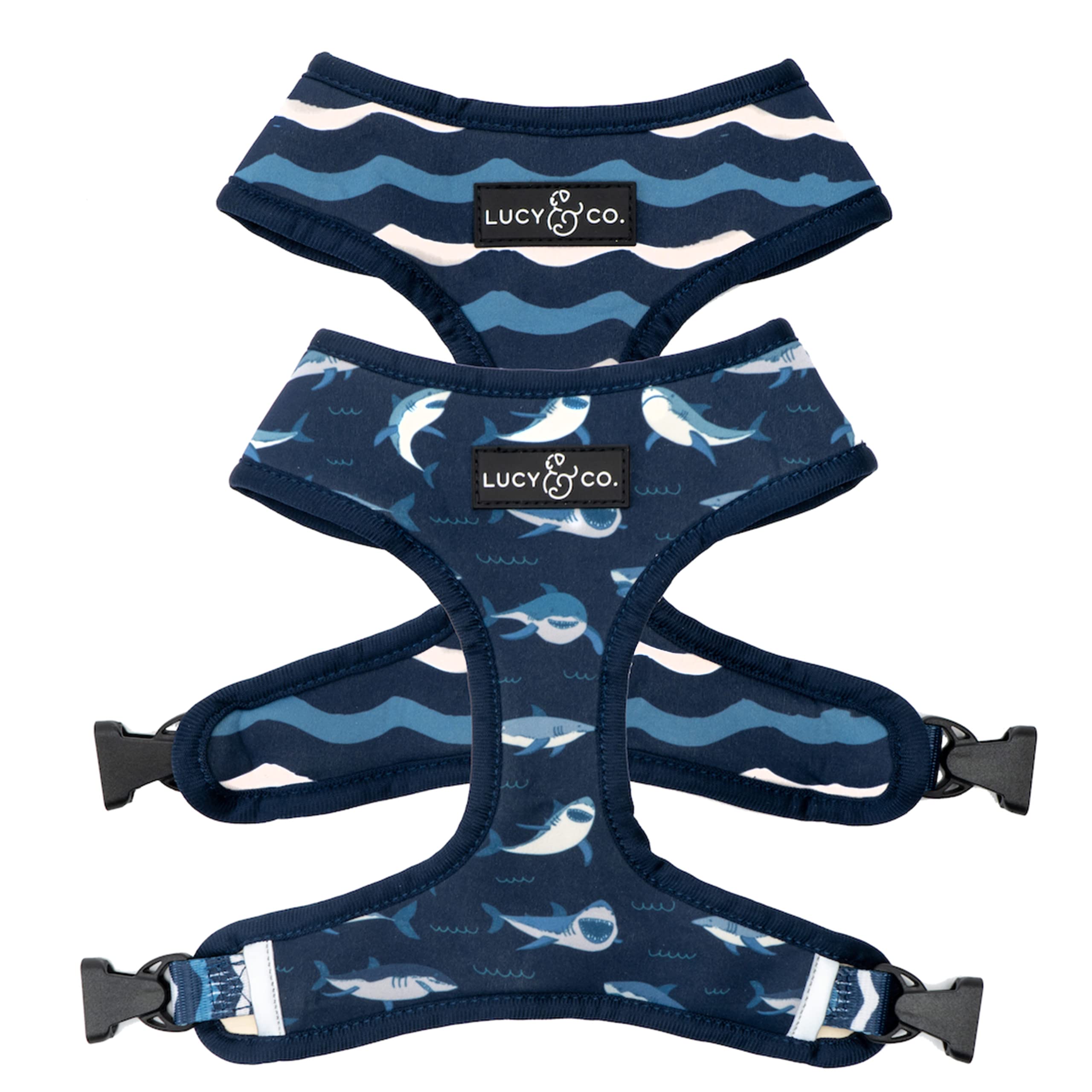 Lucy & Co. Reversible Dog Harness - Water-Repellent Neoprene, Dual-Print Design, Easy Swap Style, Adjustable Comfort Fit - Shark Attack Reversible Harness - X-Small โ image 1
