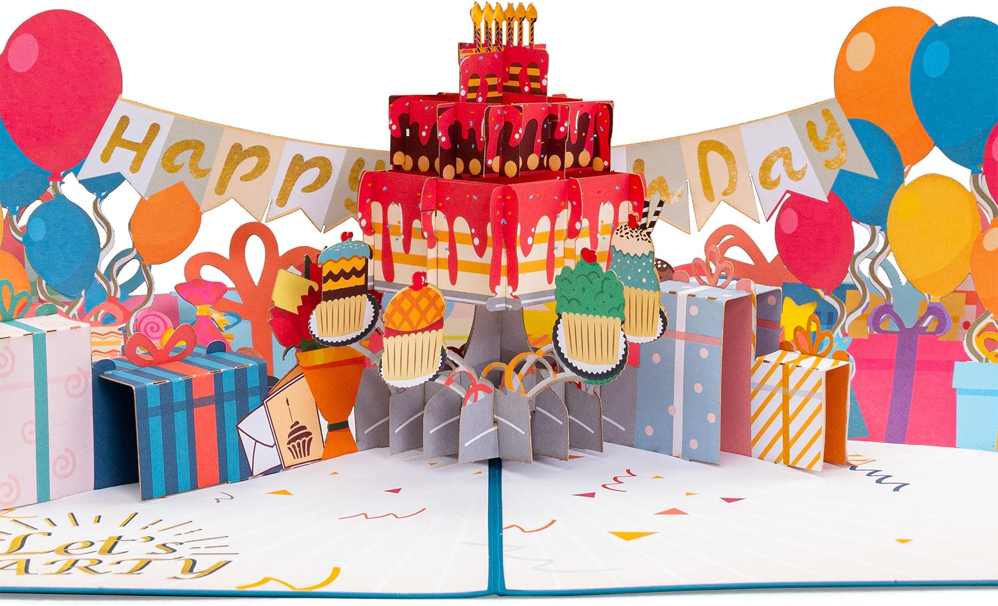 Paper Love Happy Birthday Party, Pop Up Birthday Card, Handmade 3D Popup Bday Greeting Cards, For Him Her Boy Girl Kids Adults, 5" x 7"