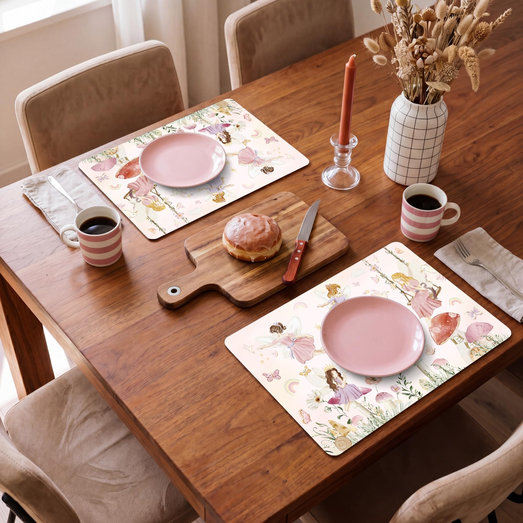 OnlyWow© Platzsets Abwaschbar 1-Teilig Tischsets Platzdecken Platzset | 45x30 cm - Tischset Esstisch Tischuntersetzer Unterlagen Rutschfest Feen - Prinzessin - Blumen - Mädchen - Rosa