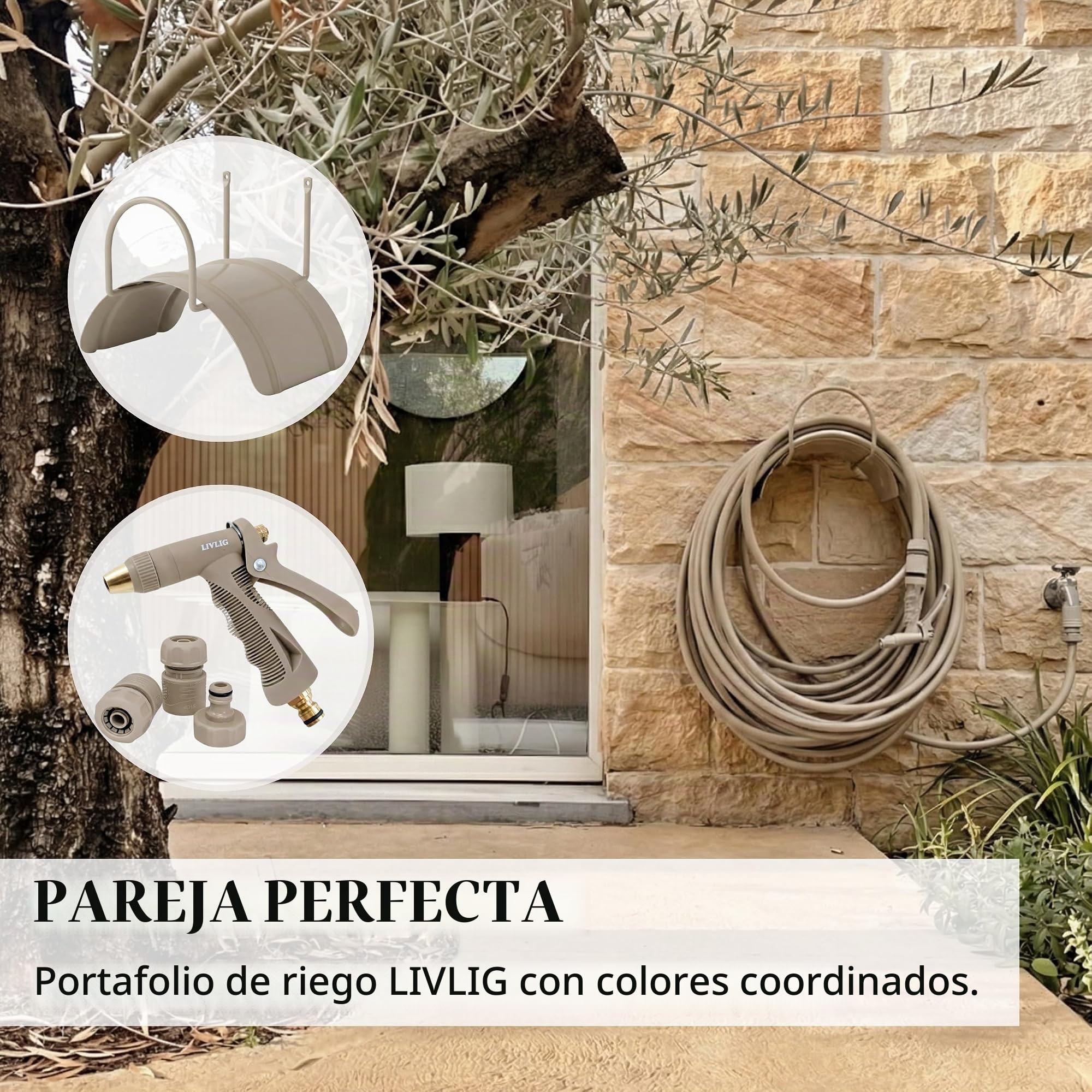 LIVLIG Manguera Jardin 10m – Manguera de Riego Flexible, 60% Reciclado, Resistente UV, Antitorcion, 1/2 Pulgada, Beige
