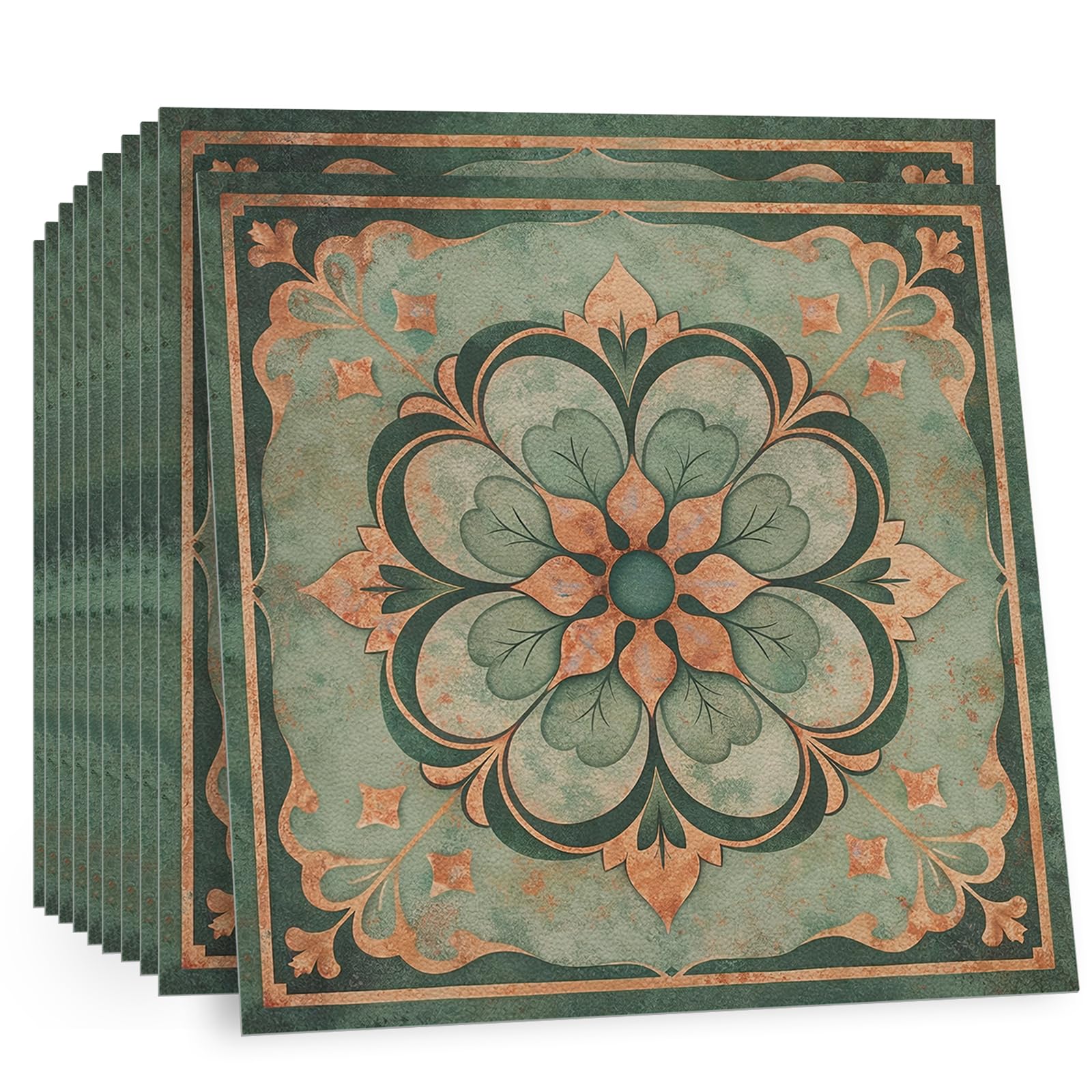 TOARTi Vintage Green Floor Tile Peel and Stick Vinyl Flooring 10 Pcs 12x12in