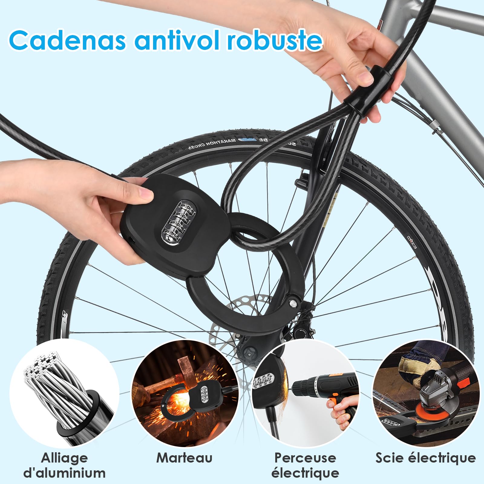 GuKKK Cadenas Trotinette Électrique – Chaîne Antivol Menottes 150 Cm, Code 4 Chiffres, Acier 12 Mm, Étanchéité Renforcée