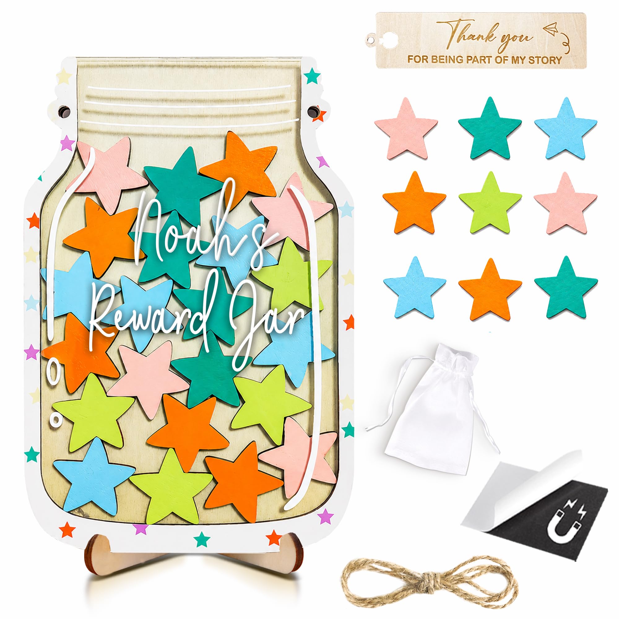 Magnetic Star Reward Jar for Kids, Wooden Star Jar Reward System with Acrylic Tokens, Good Behavior Chart for Home, Classroom, Potty Training