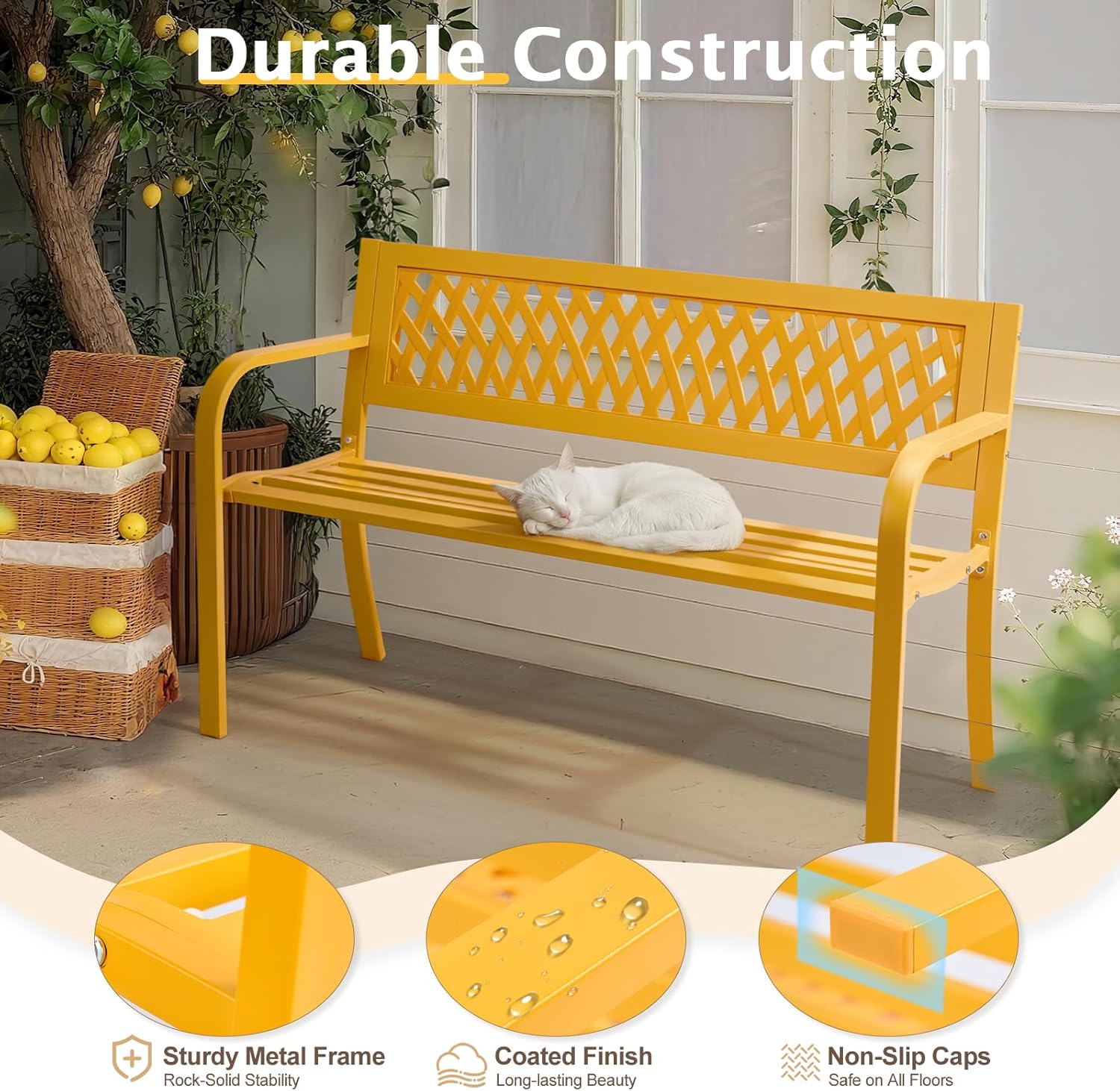47" Outdoor Garden Bench, Patio Metal Frame Park Bench with Mesh Pattern Backrest for Porch, Lawn, Deck