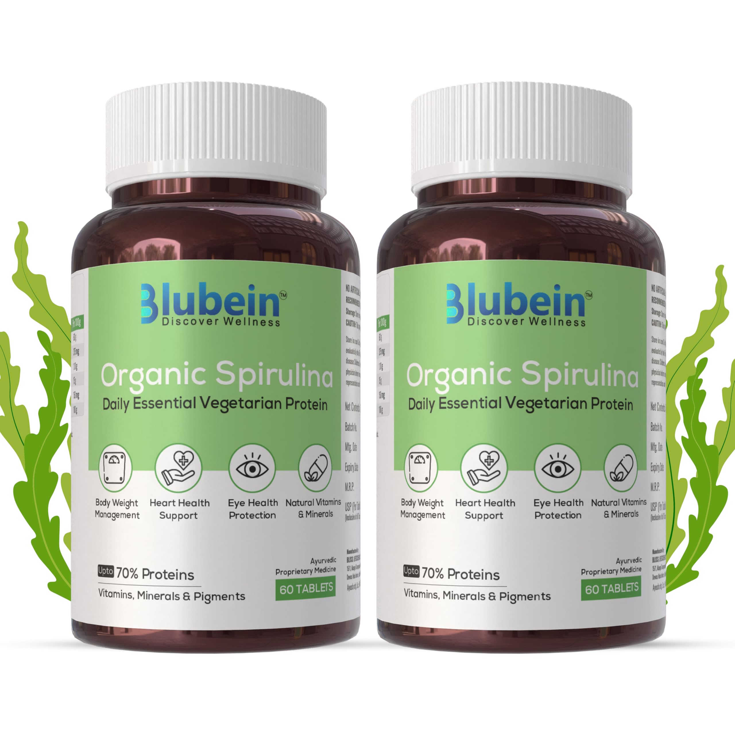 Blubein 100% Organic Spirulina Tablets for Men & Women | Super Greens Packed with 60-70% Protein | Boosts Immunity, Supports Gut Health & Effective Weight Management | Non-GMO – 60 x Pack of 2 (B0CXPT2G94) Amazon Price History, Amazon Price Tracker