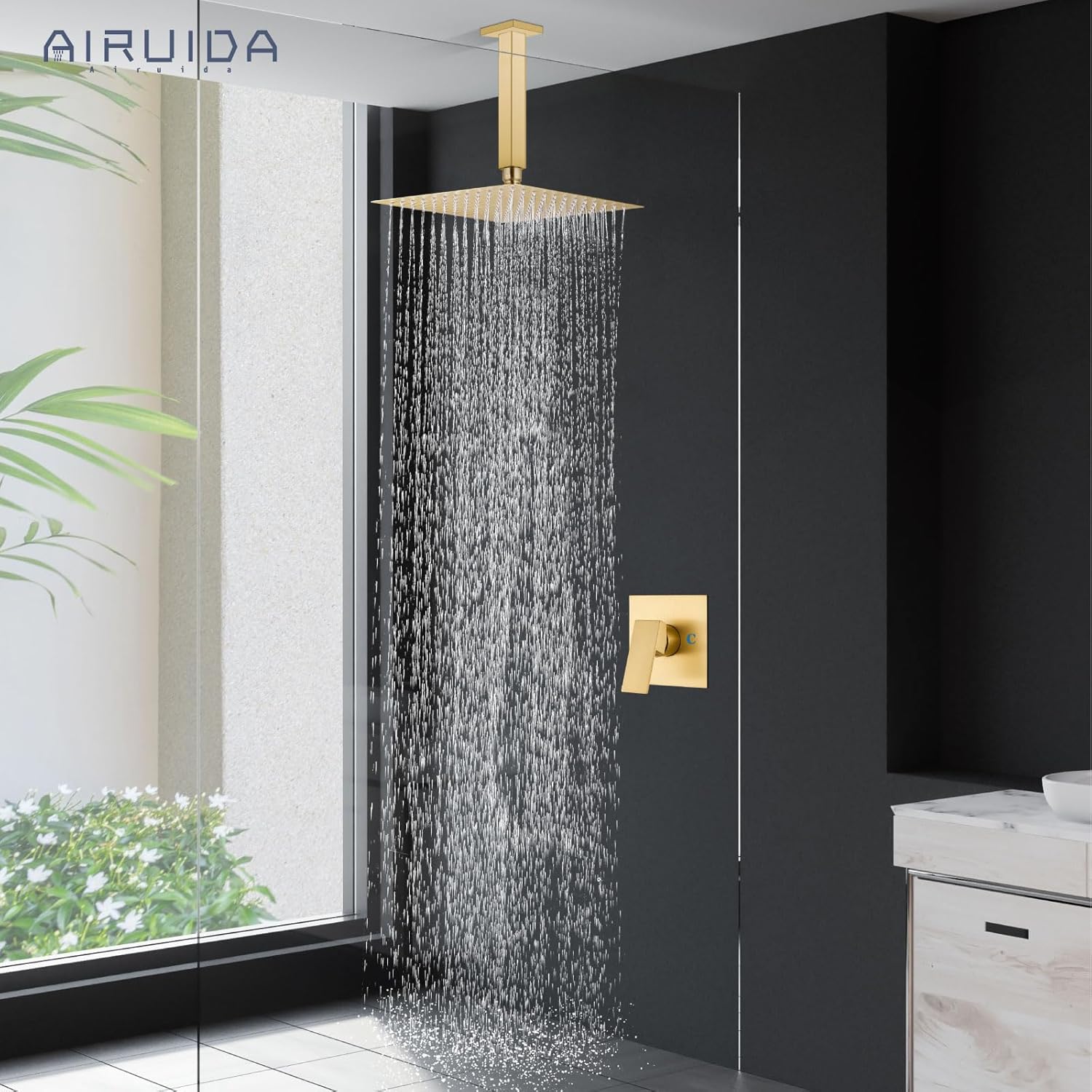 Airuida Shower Faucet Set and Handle Set Single Function Shower Trim Kit Ceiling Mount Rainfall Shower System with Male Threads and Rough-in Valve 12 Inch Square Shower Head Brushed Gold