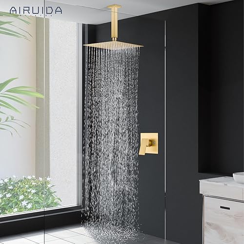 Vista 45 de Airuida Juego de grifo de ducha y mango de una sola función, kit de molduras de ducha de montaje en techo, sistema de ducha de lluvia con roscas