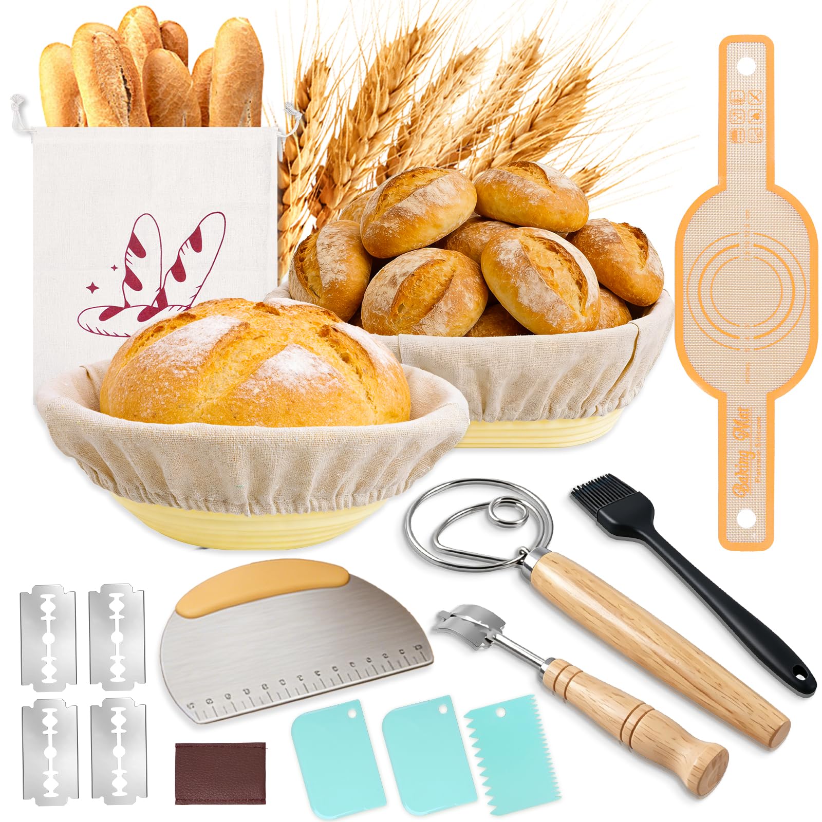 Sauerteig Starter Set,13-teilig Brotgärkorb -Set- aus Silikon，Komplettset Brot Backen Zubehör, Geschenk für Anfänger und Erfahrener Bäcker(23cm rund & 25cm oval)