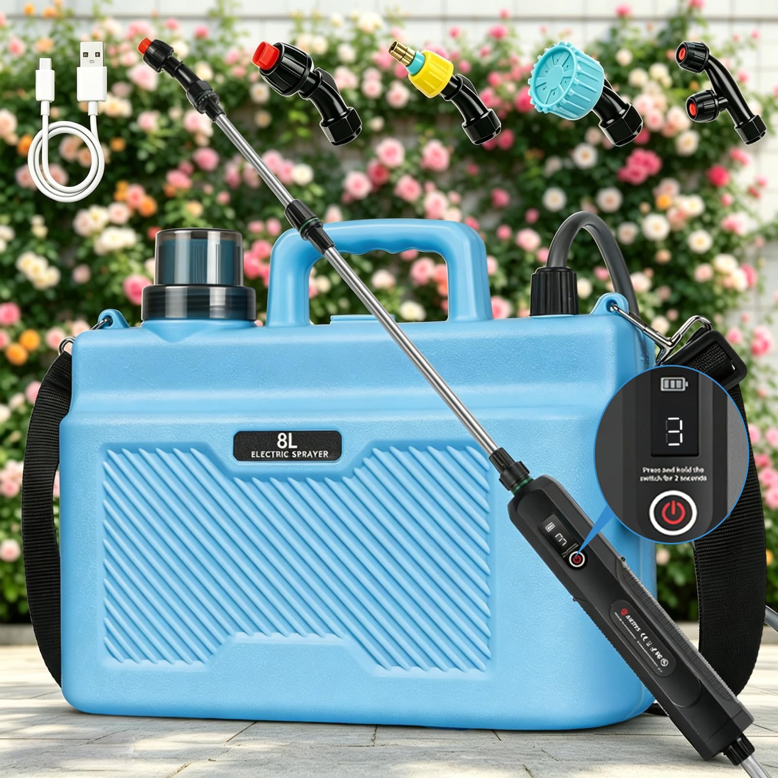 Kottwca Electric Garden Sprayer 8L, Battery Powered Pressure Sprayer with 3 Speeds Displayed, 4 Spray Nozzles, Battery Indicator, Adjustable Shoulder Strap, Retractable Wand for Lawn and Patio (Blue)