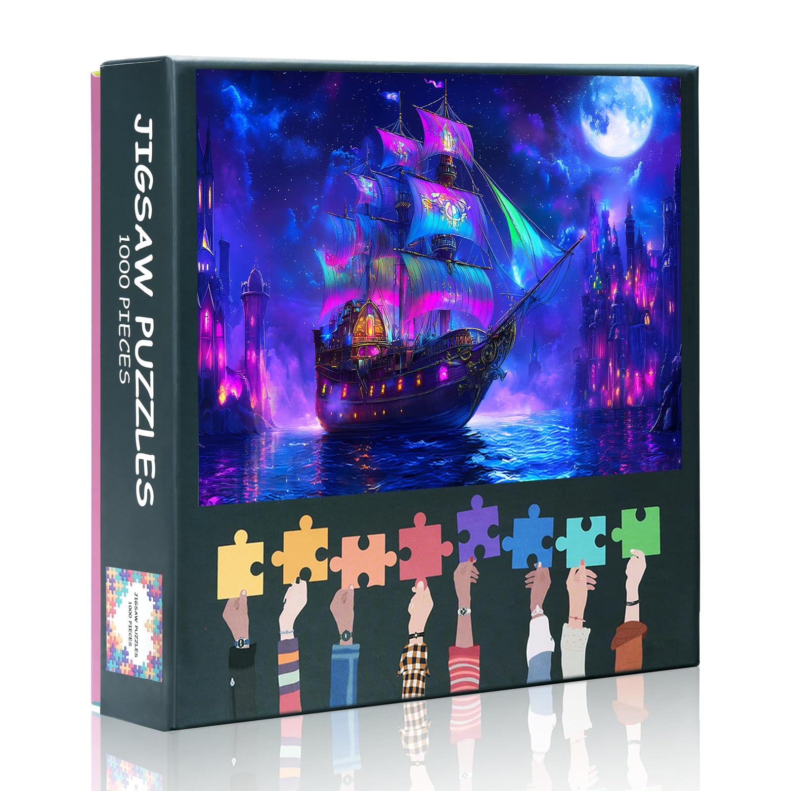 1000 Piece Fantasy Galleon Jigsaw Puzzles - Majestic Ship with Iridescent Sails, Glowing Runes, and Mythical Creatures in a Moonlit Mystical Harbor - Imaginative Puzzle for Adults and Fantasy Fans