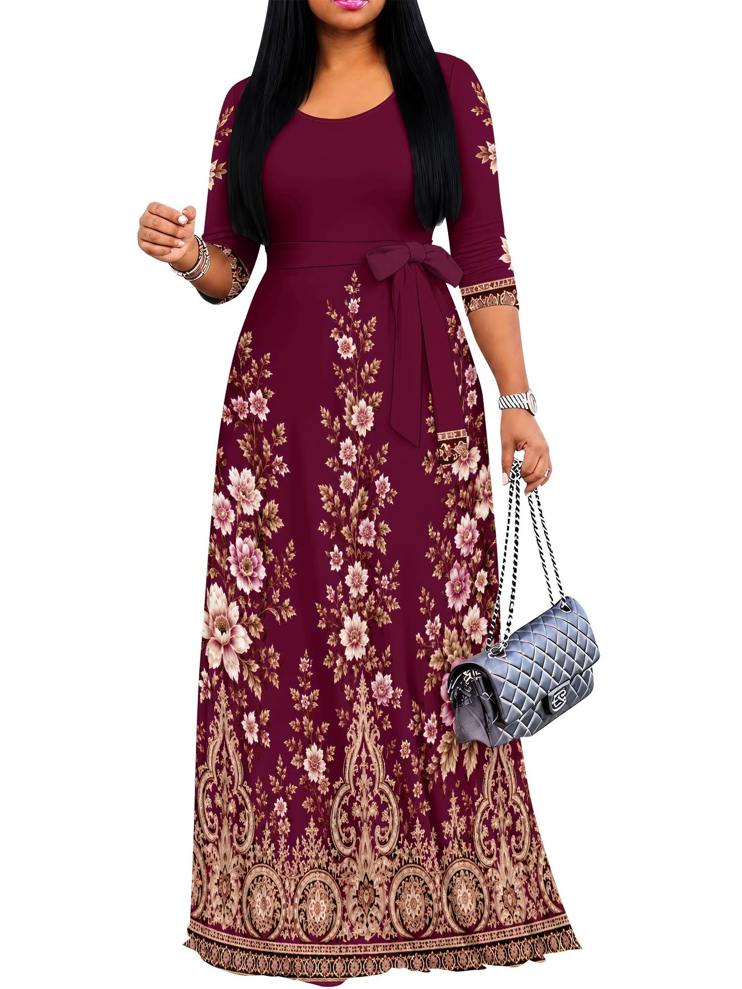 PinkPatty Women's Plus Size V Neck 3/4 Sleeve Boho Maxi Dress with Pockets | Boho printed maxi dress with pockets and tie waist for travel, vacations, weddings, church, parties, and daily wear