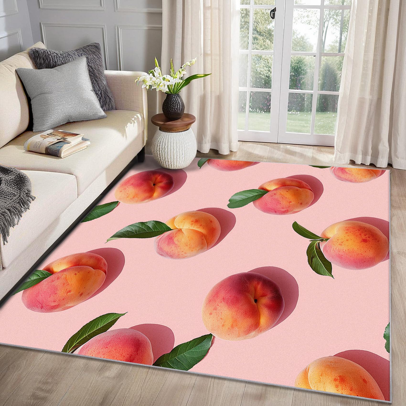 MMYAOKEN Peach Rugs for Bedrooms - Cute Fruit Rug 80 x 150, Girls Pink Fruits Kitchen Patterned Area Rugs for Living Room Bedroom, Machine Washable Non Slip Soft Carpet, Peach Home Decor & Gifts