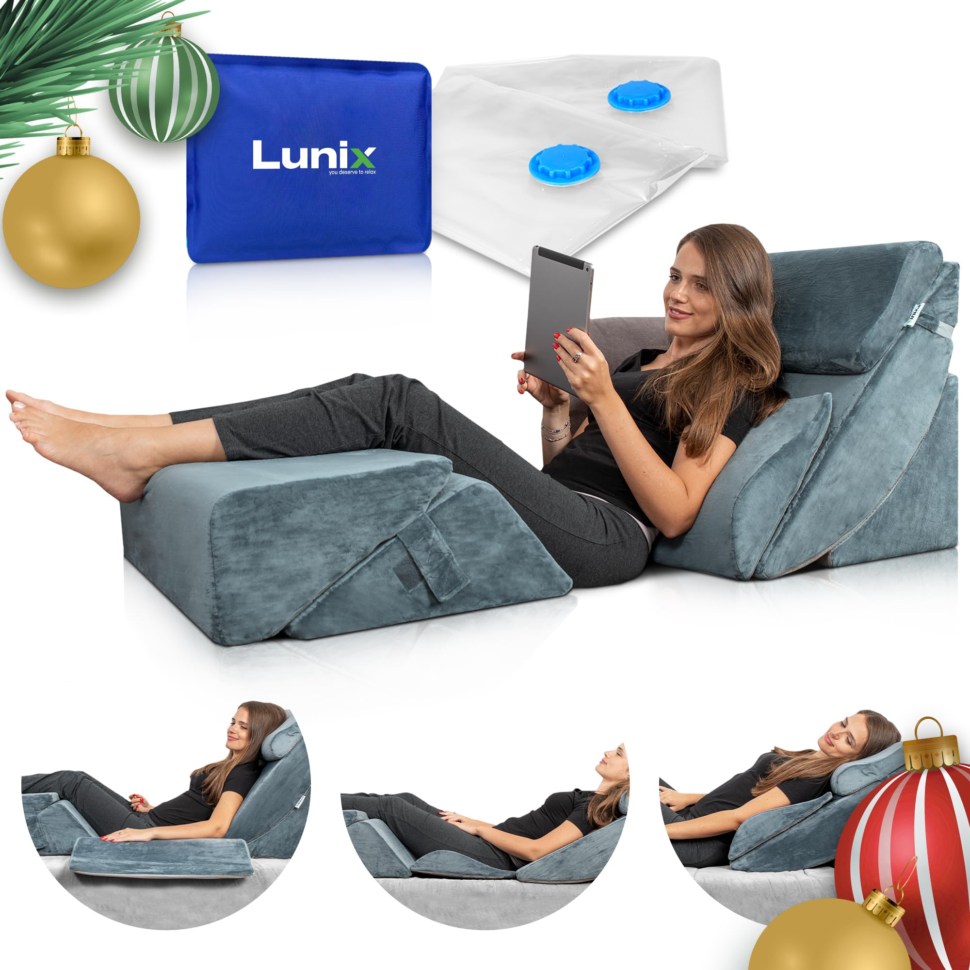 Lunix 6pcs Orthopedic Bed Wedge Pillow Set, Post Surgery Memory Foam for Back, Neck, and Leg Pain Relief, Adjustable Sitting Pillow for Sleeping, Acid Reflux and GERD, Hot Cold Pack, NavyOEKO-TEX STANDARD 100