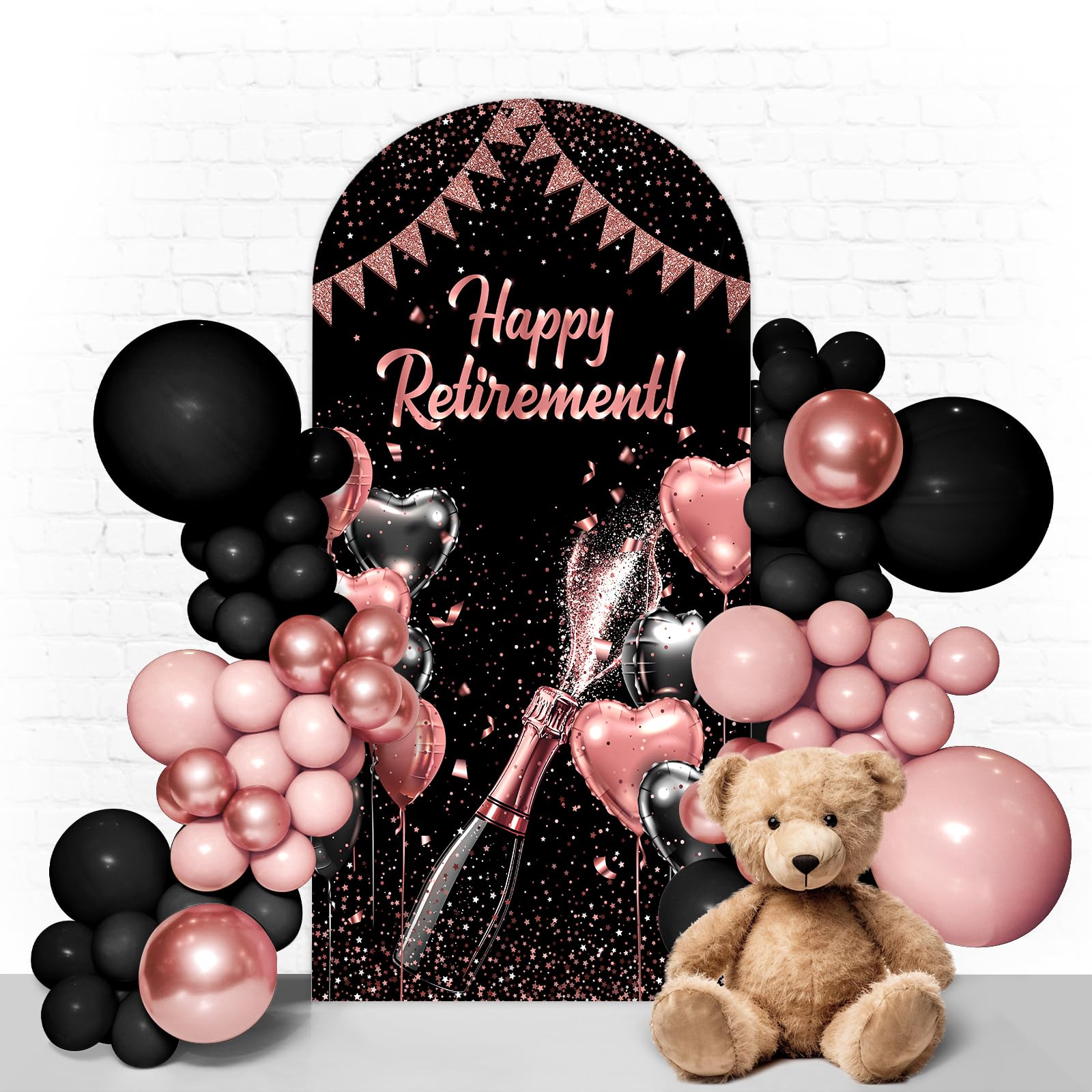 Happy Retirement Party Arch Backdrop for Women 7.2FT Spandex Arch Cover Backdrop Vibrant Black and Pink Balloons Fabric Retirement Sign Cover for Happy Party Decoration