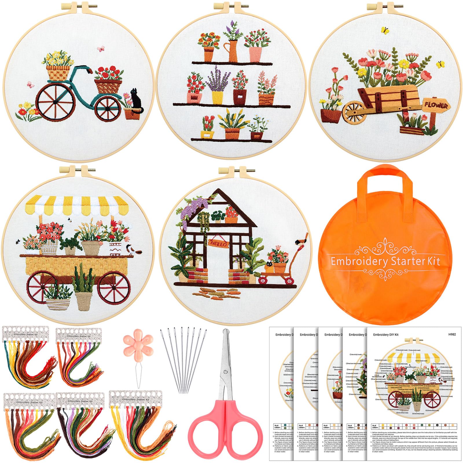 Kigley 5 Sets Embroidery Starter Kit for Adults Plant Lover Gifts for Women Beginners Flower Embroidery Shop Pattern for Kids Cross Stitch Set Needlepoint Kits for Flower Cart