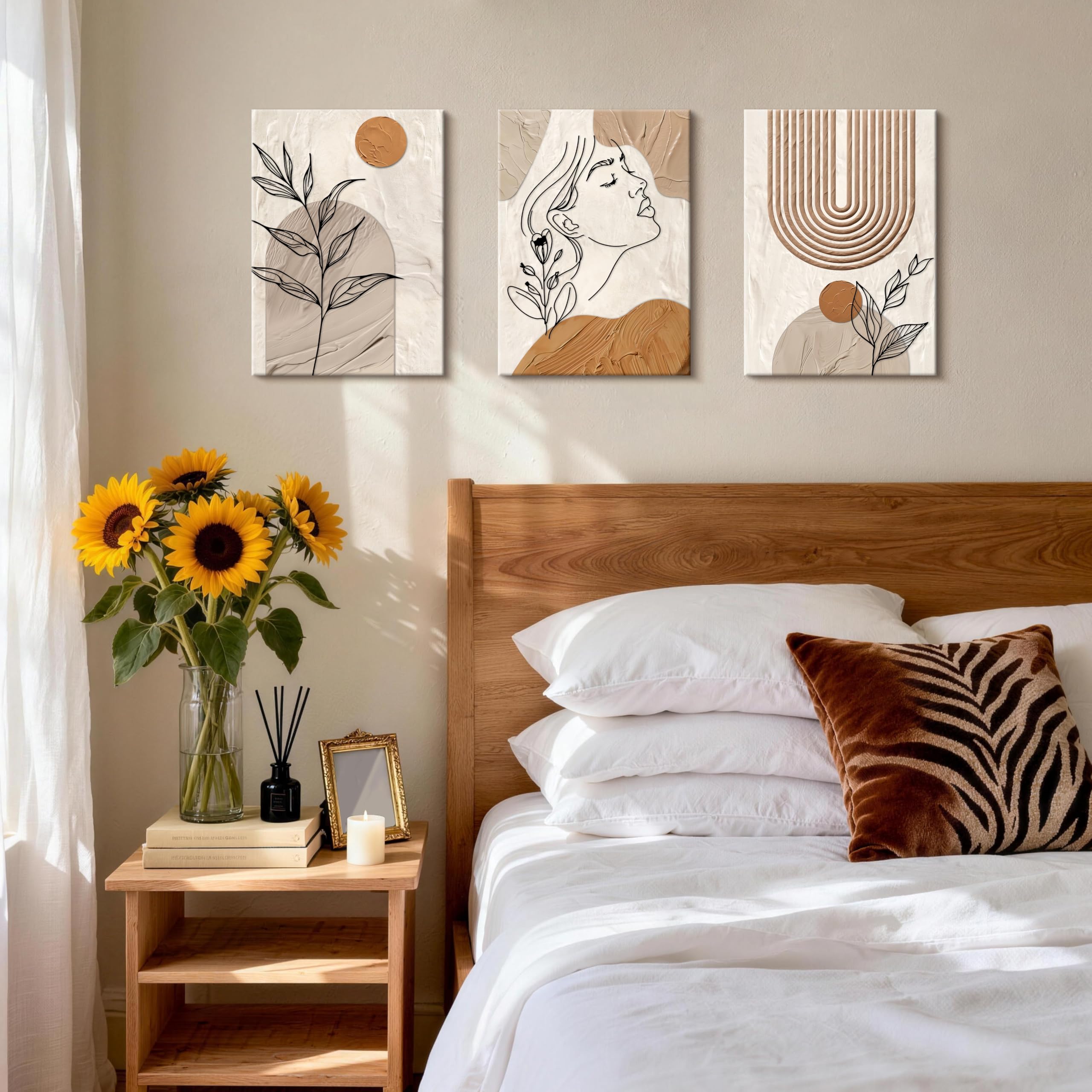 3 Pcs Wooden Framed Canvas Wall Art Set Bohemian Sage Green Canvas Prints Poster Geometric Line Beige Green Pictures for Living Room Bedroom Dinning Room Hallway Stairs Wall Decor 30x40cm x3pcs — view 351