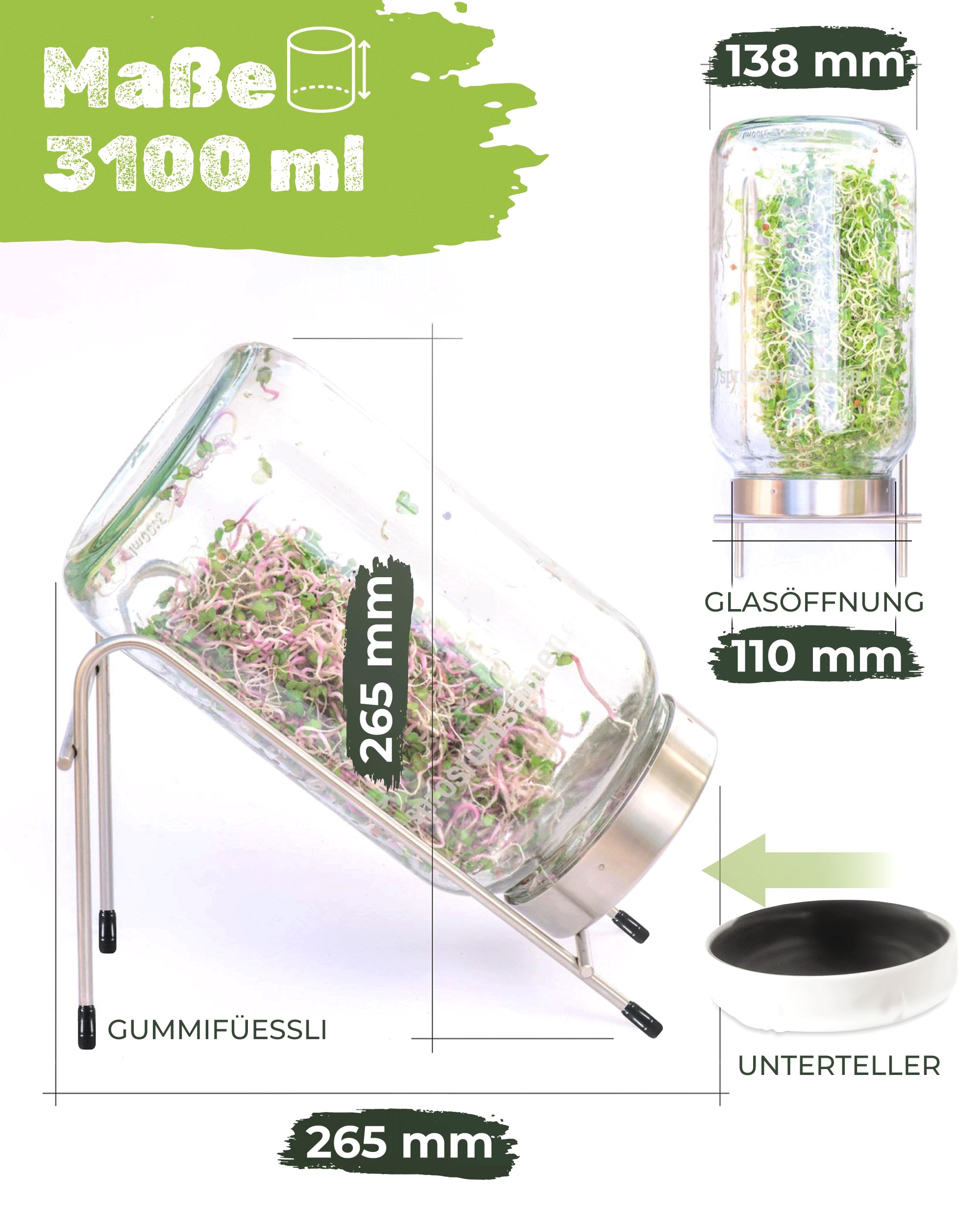 Starterpaket 3100ml mit Fitness-Mix Bio 250g & Power-Mix Bio 250g - Keimglas für Sprossen - inkl. Sprossenglas Deckel, Ständer, Sieb & Unterteller