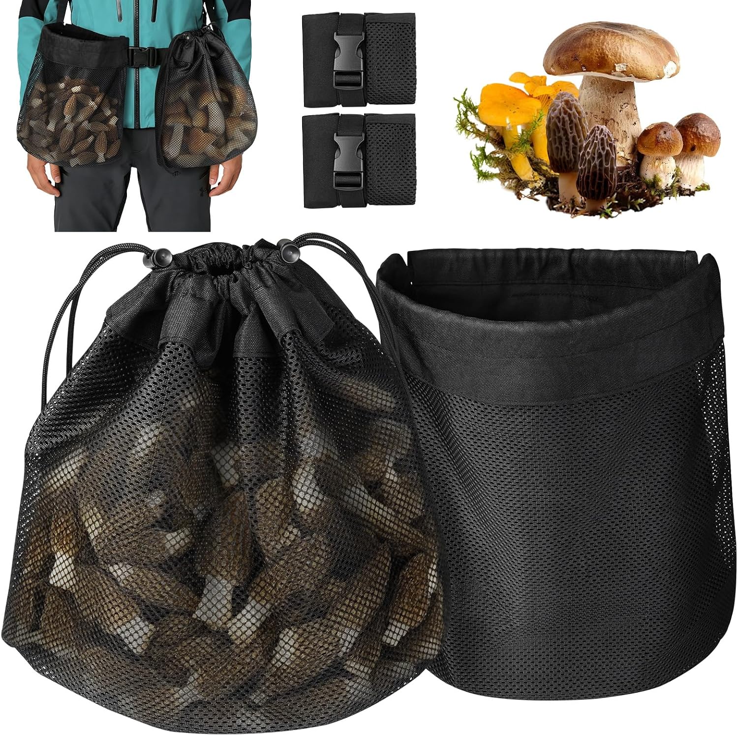 2-Pack Folding Mushroom Foraging Bag, Large Mesh Pouch Berry Pickers, Folding Bag Mushroom Pouches Bushcraft Belt Pouches for Travel Camping Hiking