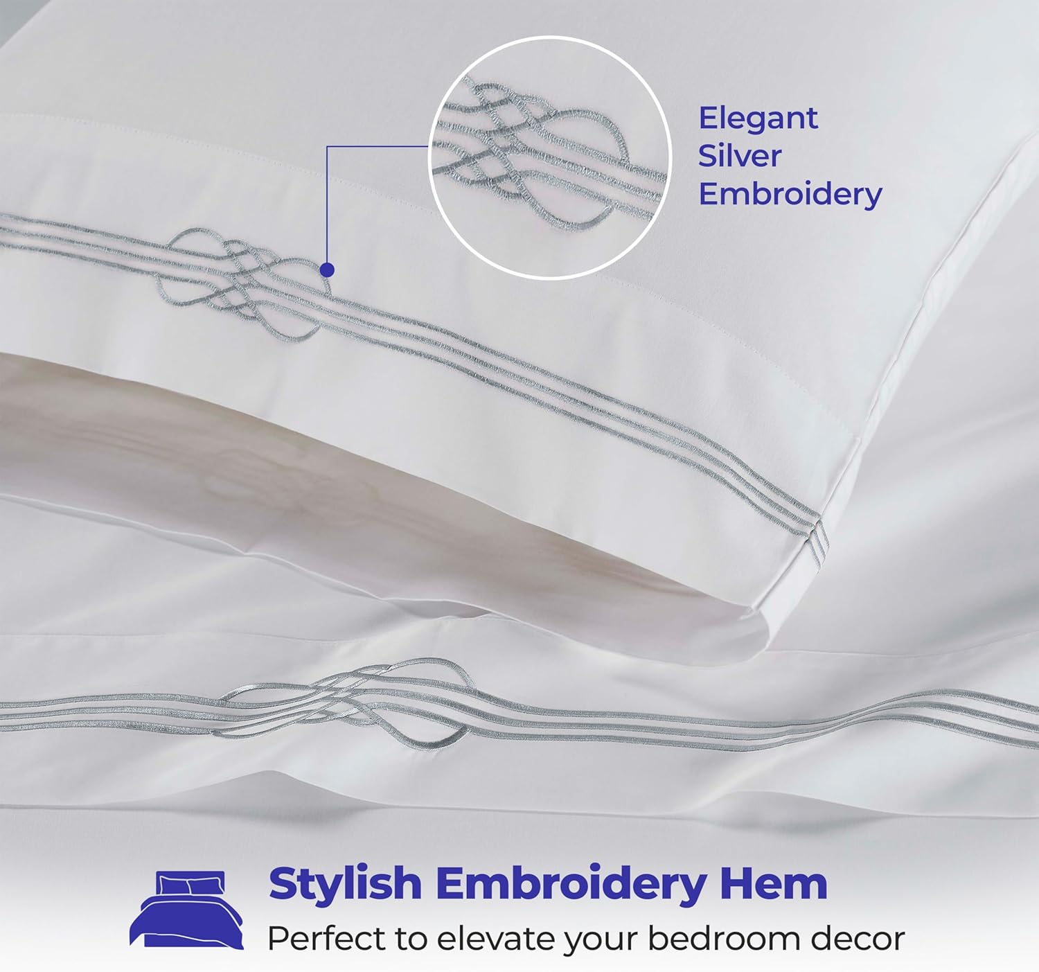 Superior Embroidered Cotton Bed Sheet Set, 1 Elastic Deep Pocket Fitted Sheet, 1 Flat Sheet, 2 Pillowcases, Daily Soft Sheets, Luxury, Elegant Design, Moonlawn Collection, King Size, White/Silver
