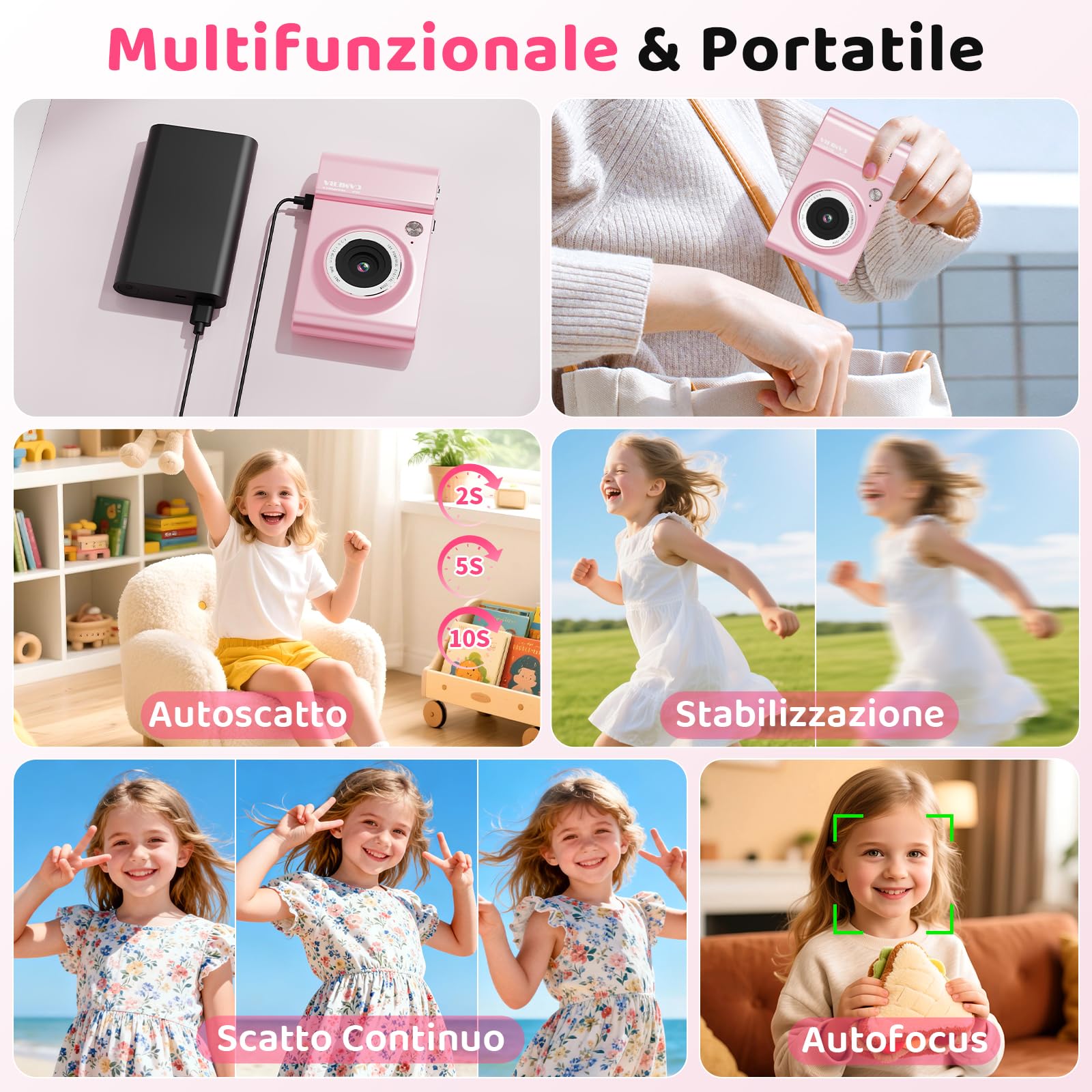 CHAKEYAKE Fotocamera Digitale, 4K 64MP Fotocamera con Zoom Digitale 18X, Schermo LCD Da 2,4", Autofocus, Scheda 32 GB, Filtri, Fotocamera Portatile per Bambini, Adolescenti, Vlogger Principianti, Rosa