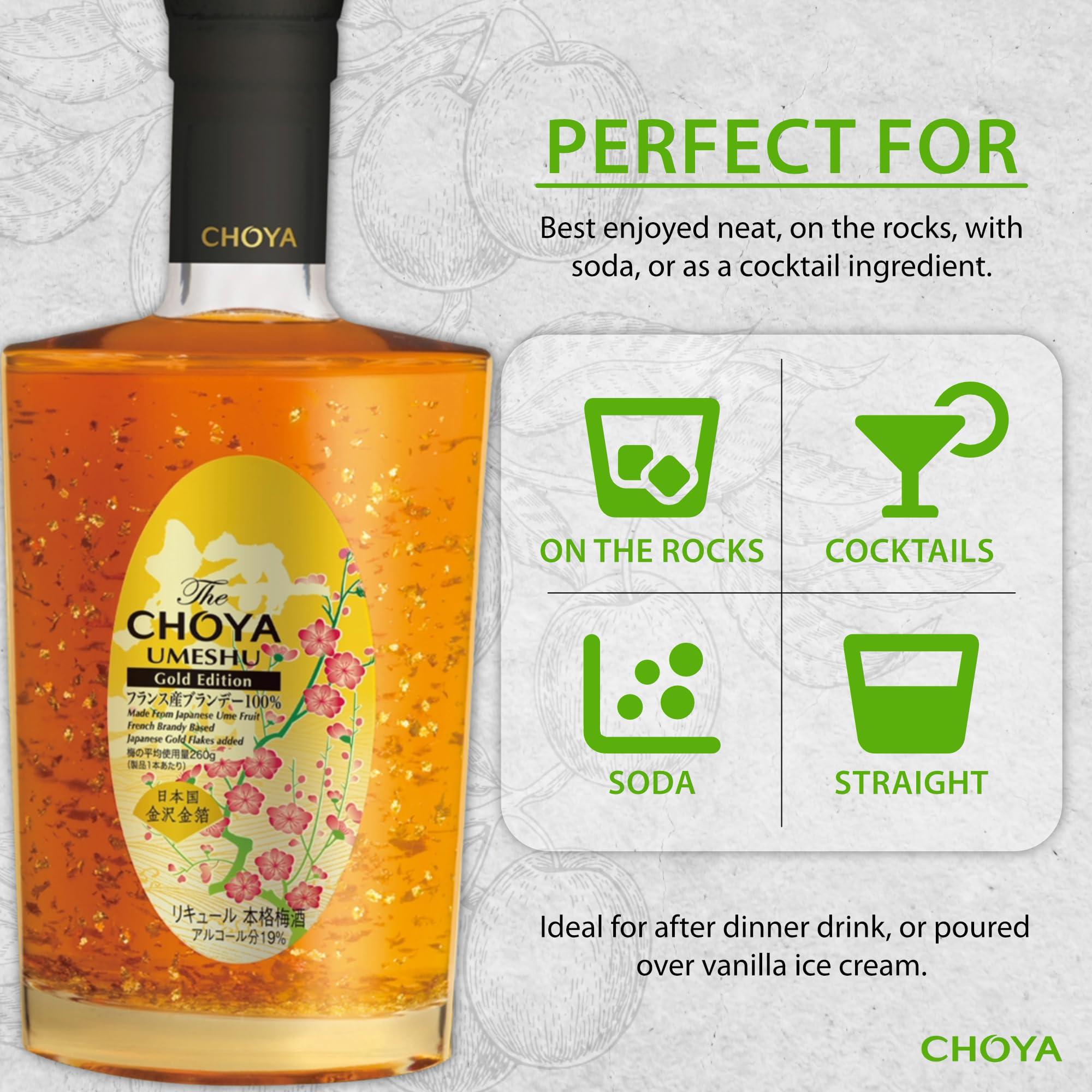 Choya Umeshu Gold Edition, mit echten Blattgold Flocken (japanischer Ume Fruchtlikör & französischer Brandy, Ume Frucht, 19% vol.) 1er Pack (1 x 0.5 l)