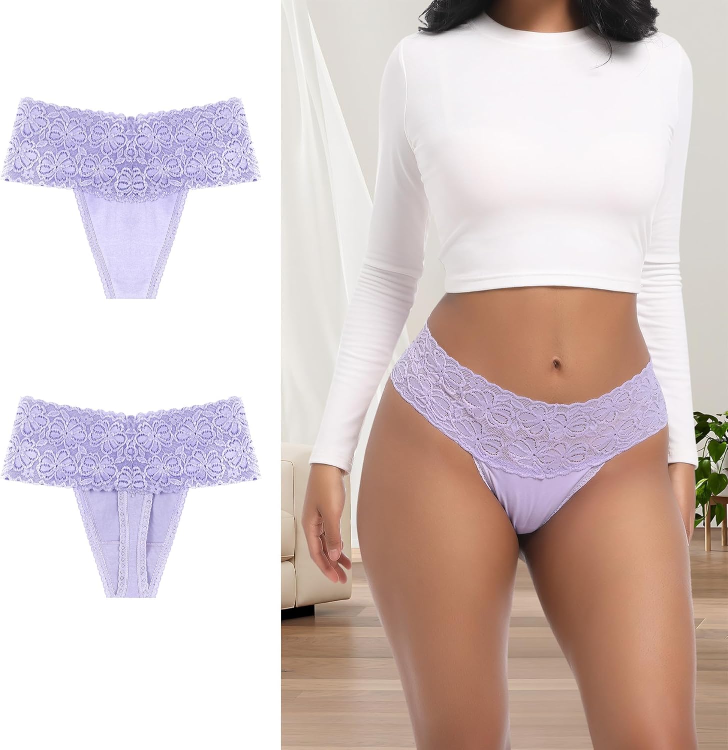 Retro Lace Thongs For Women Plus Size Breathable Seamless Cotton Panties Tummy Control High Waisted Underwear Pack 5 - Image 2